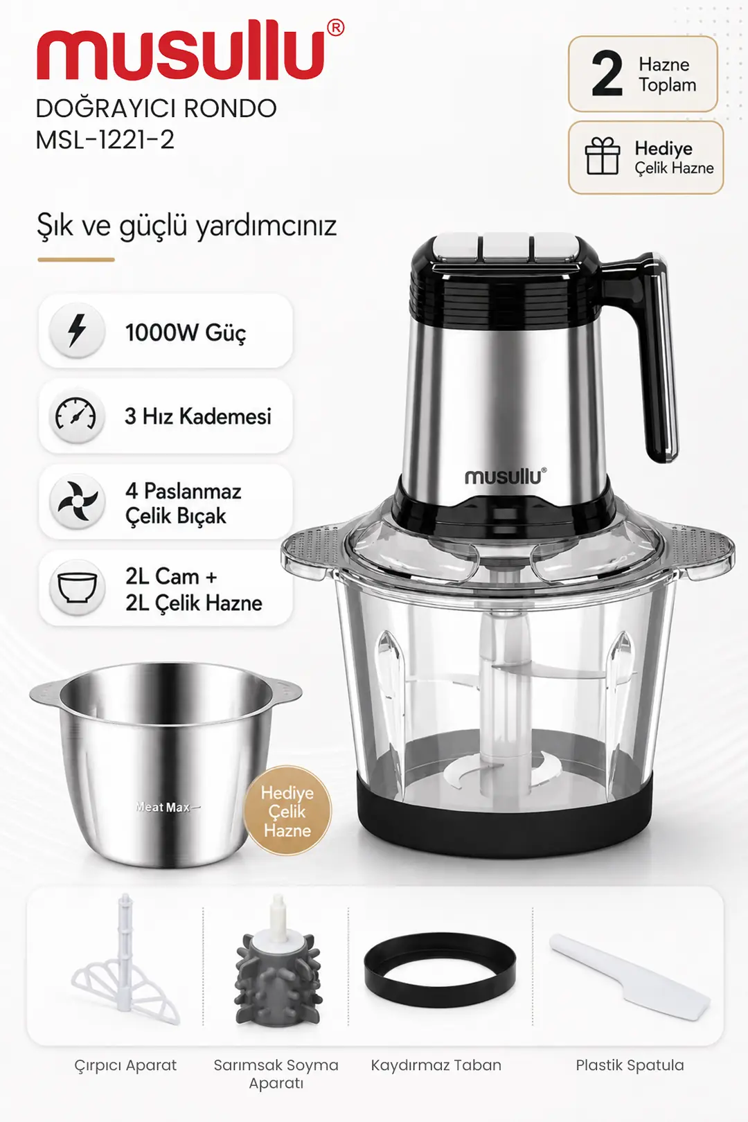 MSL-1221-2 1000W Çift Hazneli (Cam+Çelik) Rondo Doğrayıcı - Kasap