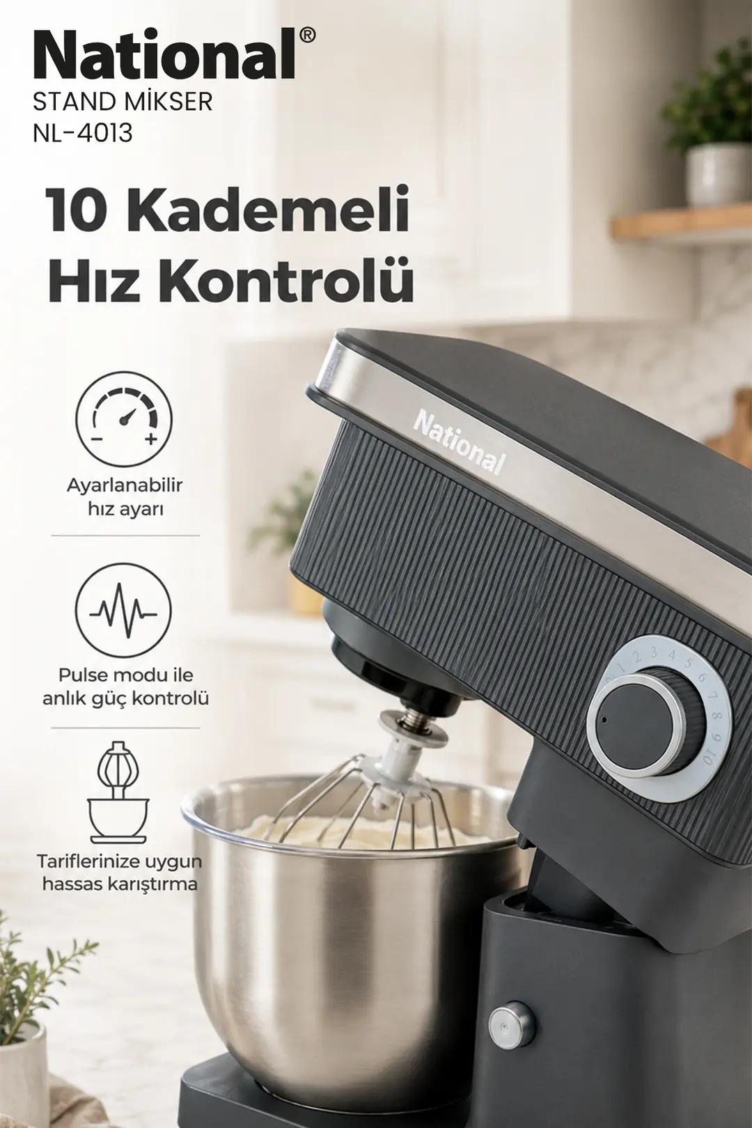 National NL-4013 Mutfak Şefi Stand Mikser - 1200W, 5L Çelik Hazne