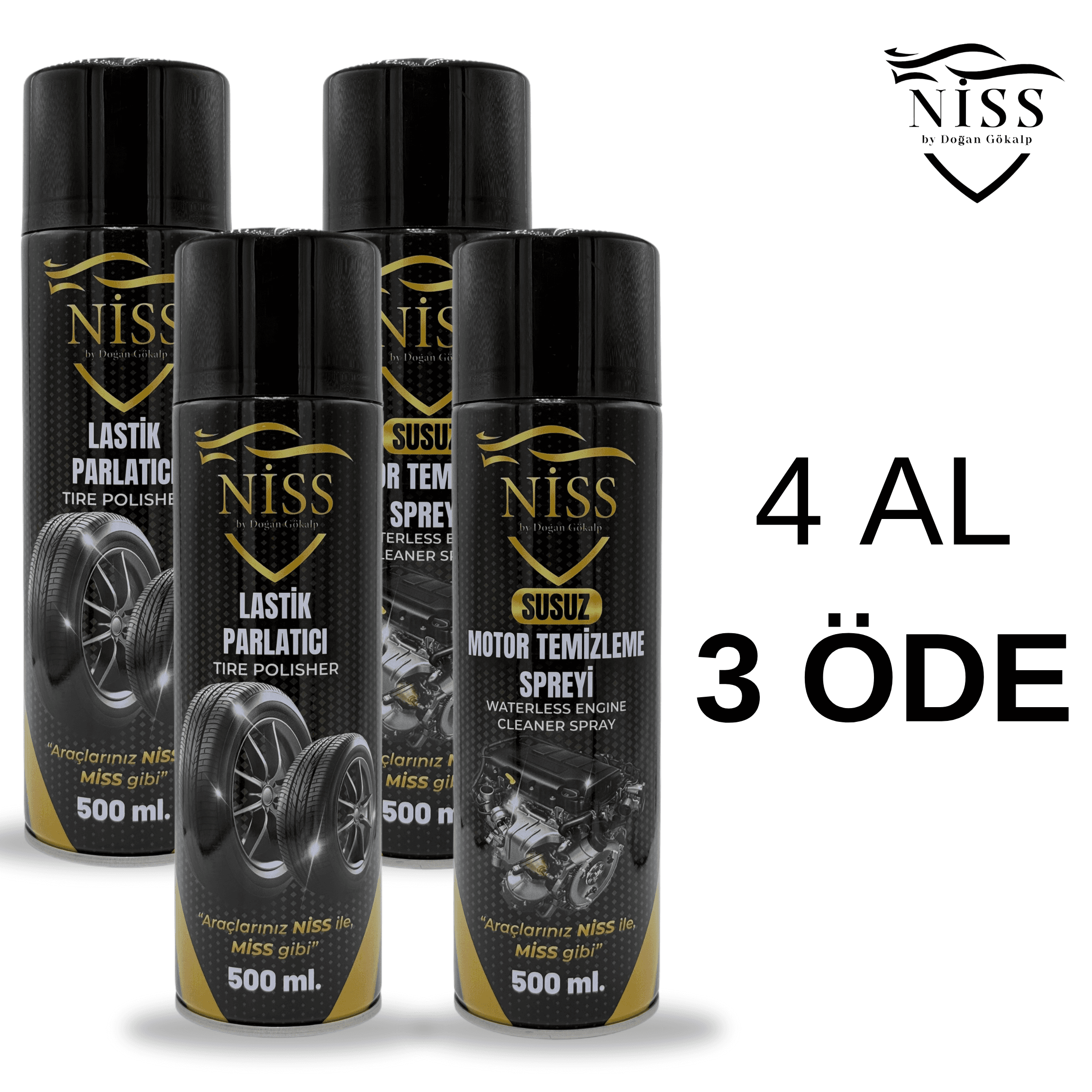 2 Adet Lastik Parlatıcı 500ml + 2 Adet Susuz Motor Temizleme Spreyi 500ml