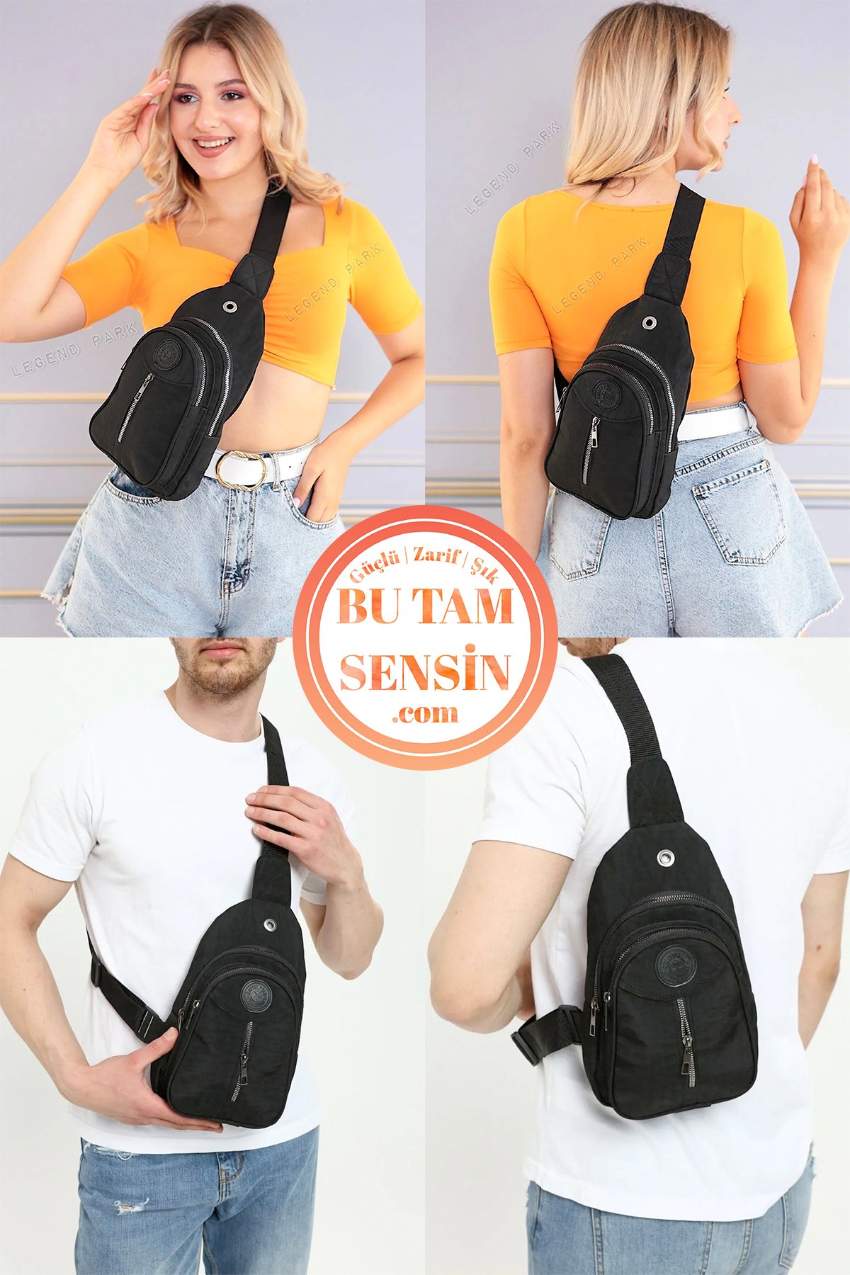 Unisex Suya Dayanıklı Krinkıl Kumaşlı Fermuarlı 3 Bölmeli Çapraz Vücut Çantası (Body Bag)