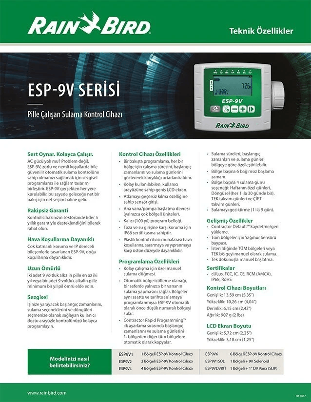 ESP-9V: YENİ, KULLANIMI KOLAY VE DAHA UZUN ÖMÜRLÜ 9V PİLLİ KONTROL ÜNITESI ESP-9V - 1 istasyonlu model