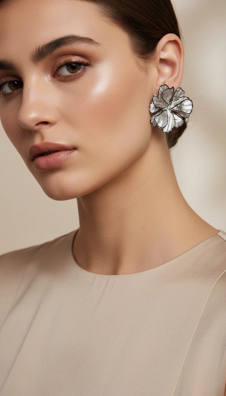 Gümüş Rengi Çiçek Küpe