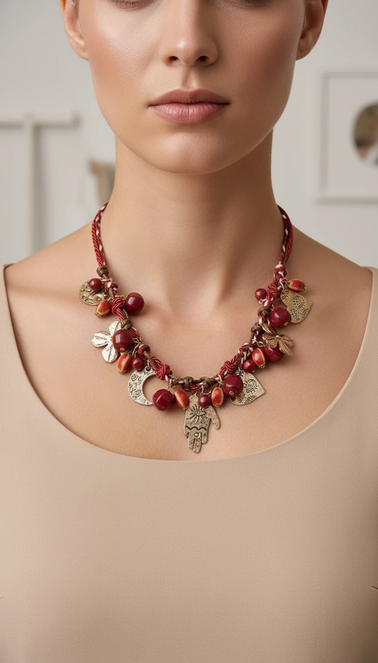 Bohemian Stil Kırmızı Taşlı Kolye