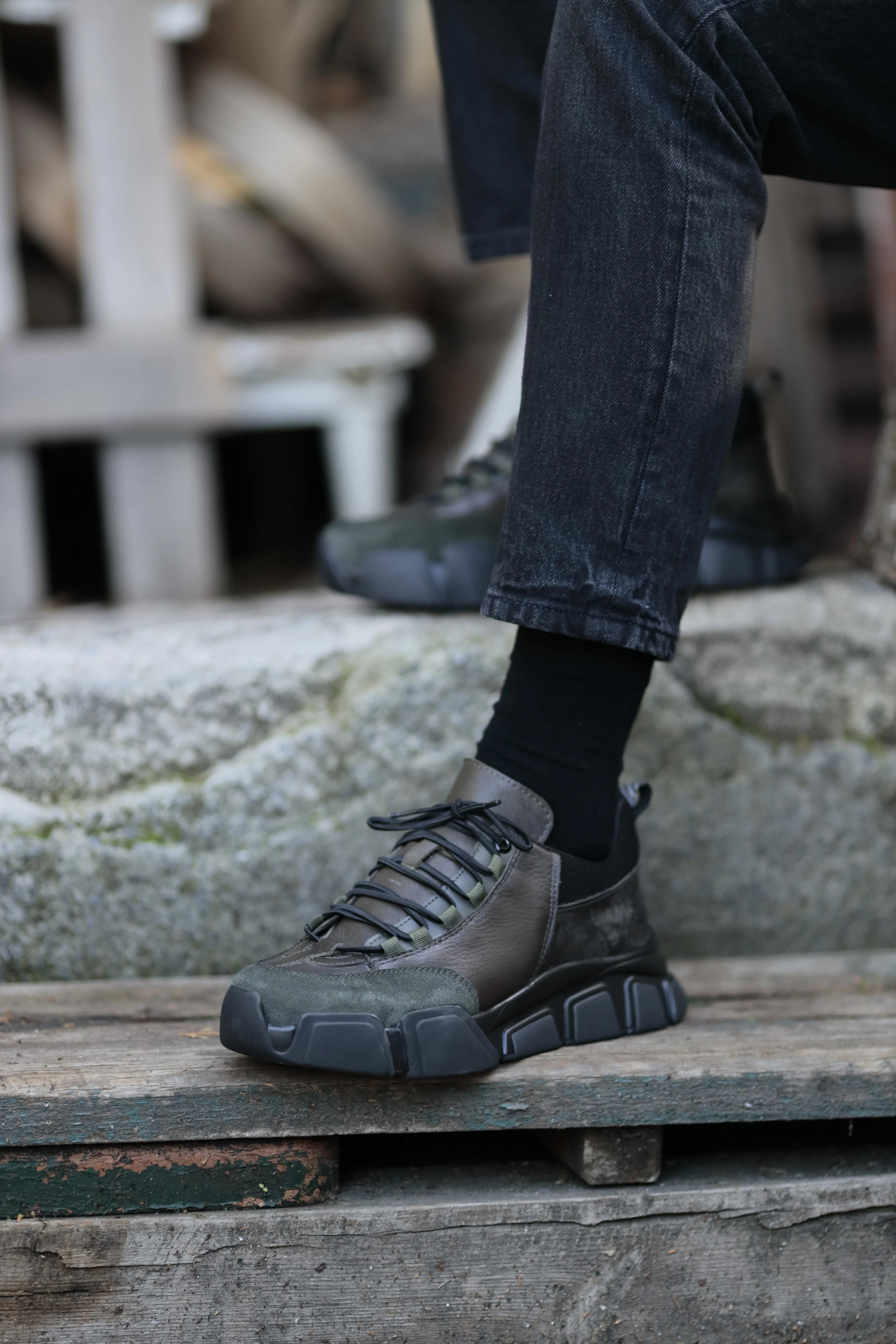 Diamond Model İthal Taban Hakiki Kombinasyonlu Deri Sneaker Ayakkabı - HAKİ