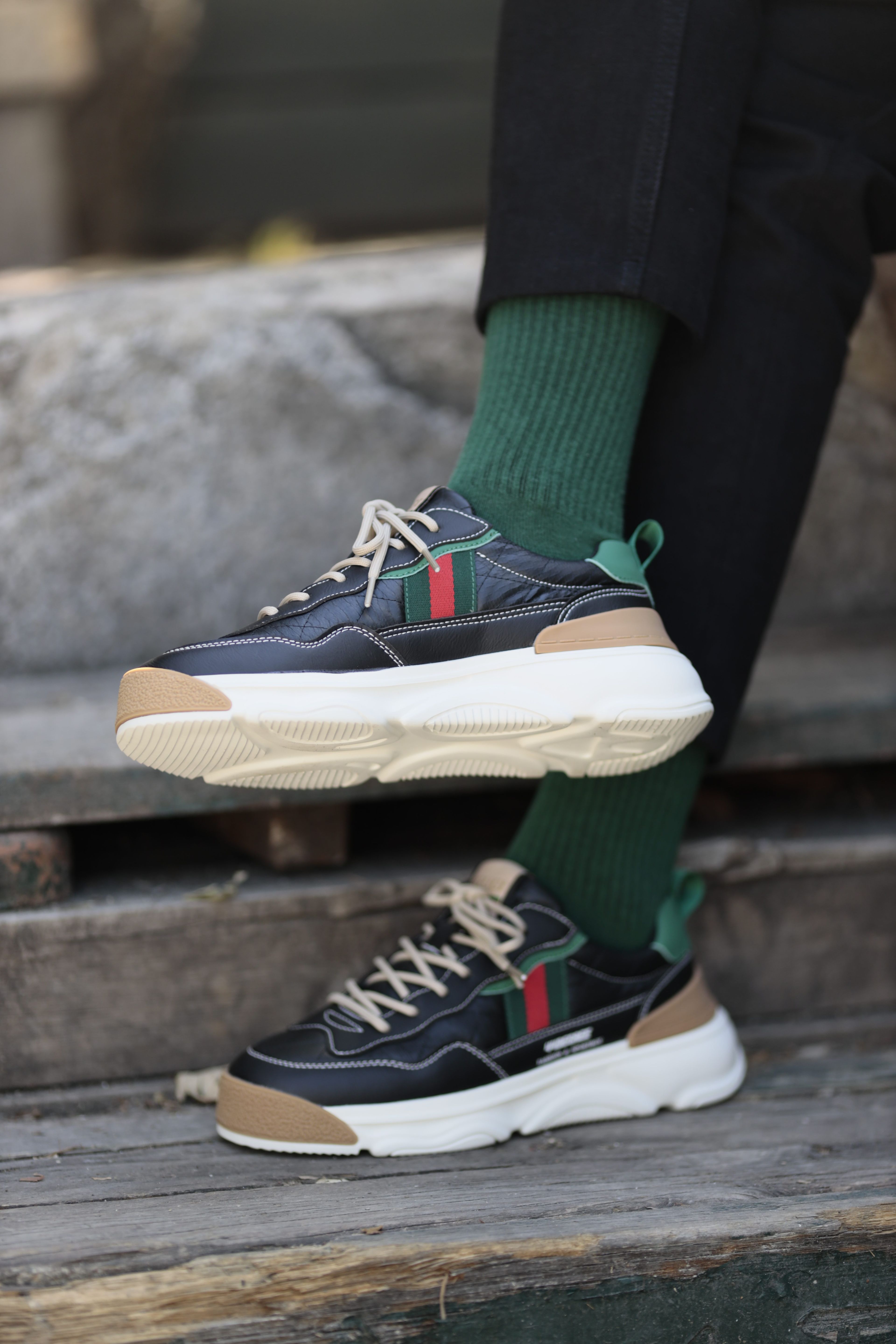 Degre Model Kombinasyonlu Deri İthal Taban Sneaker Ayakkabı - SİYAH