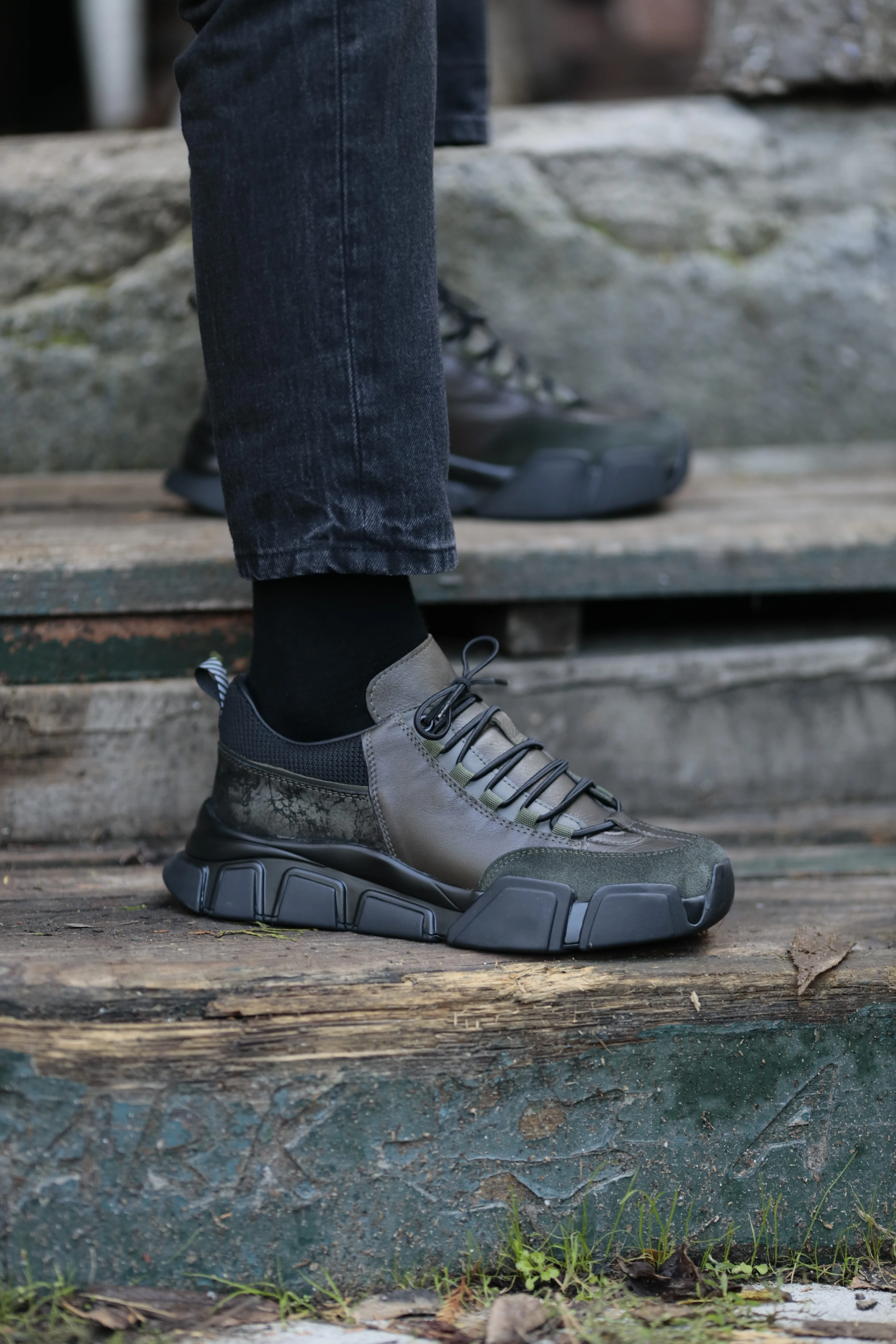 Diamond Model İthal Taban Hakiki Kombinasyonlu Deri Sneaker Ayakkabı - HAKİ