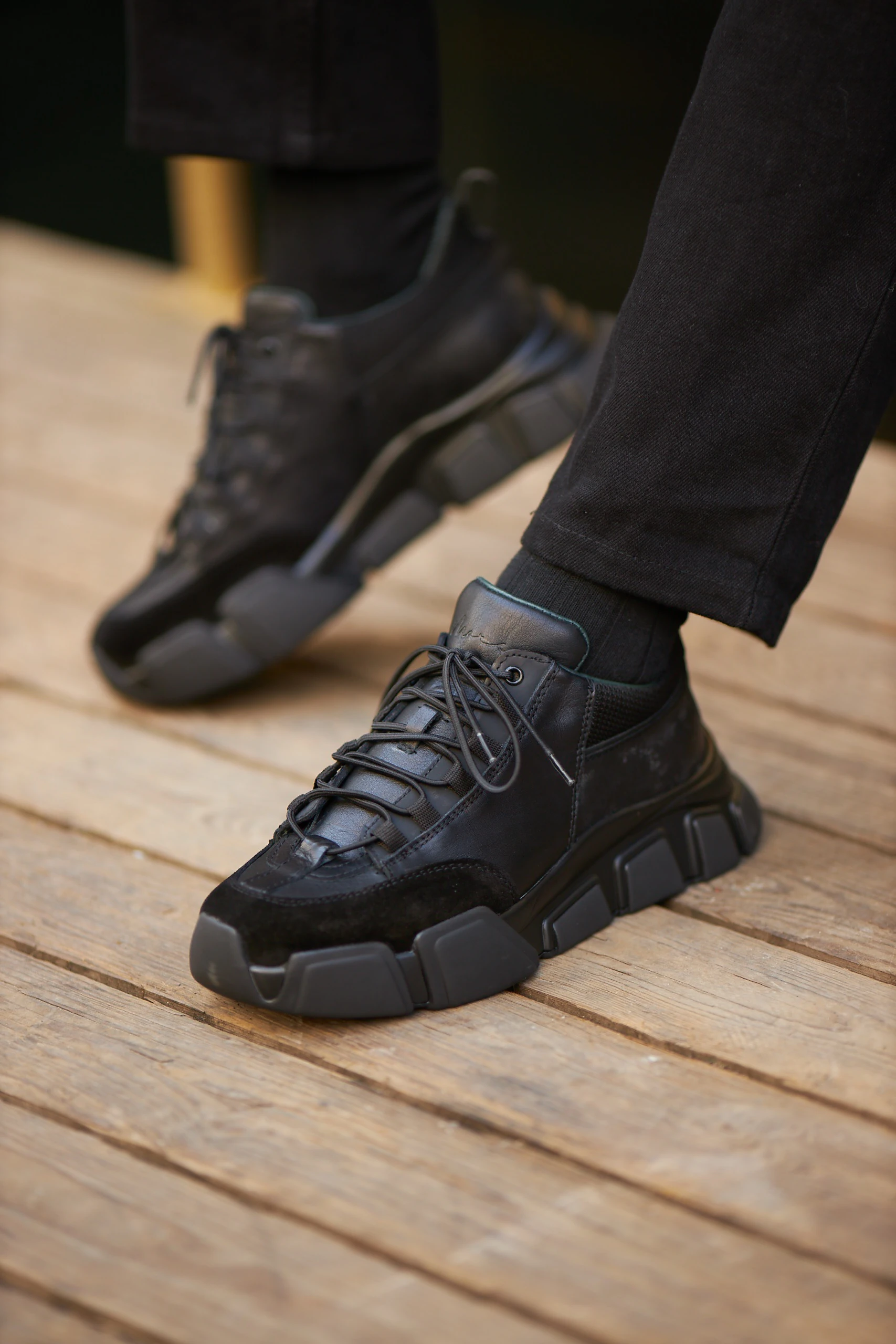 Diamond Model İthal Taban Hakiki Kombinasyonlu Deri Sneaker Ayakkabı - SİYAH TABAN