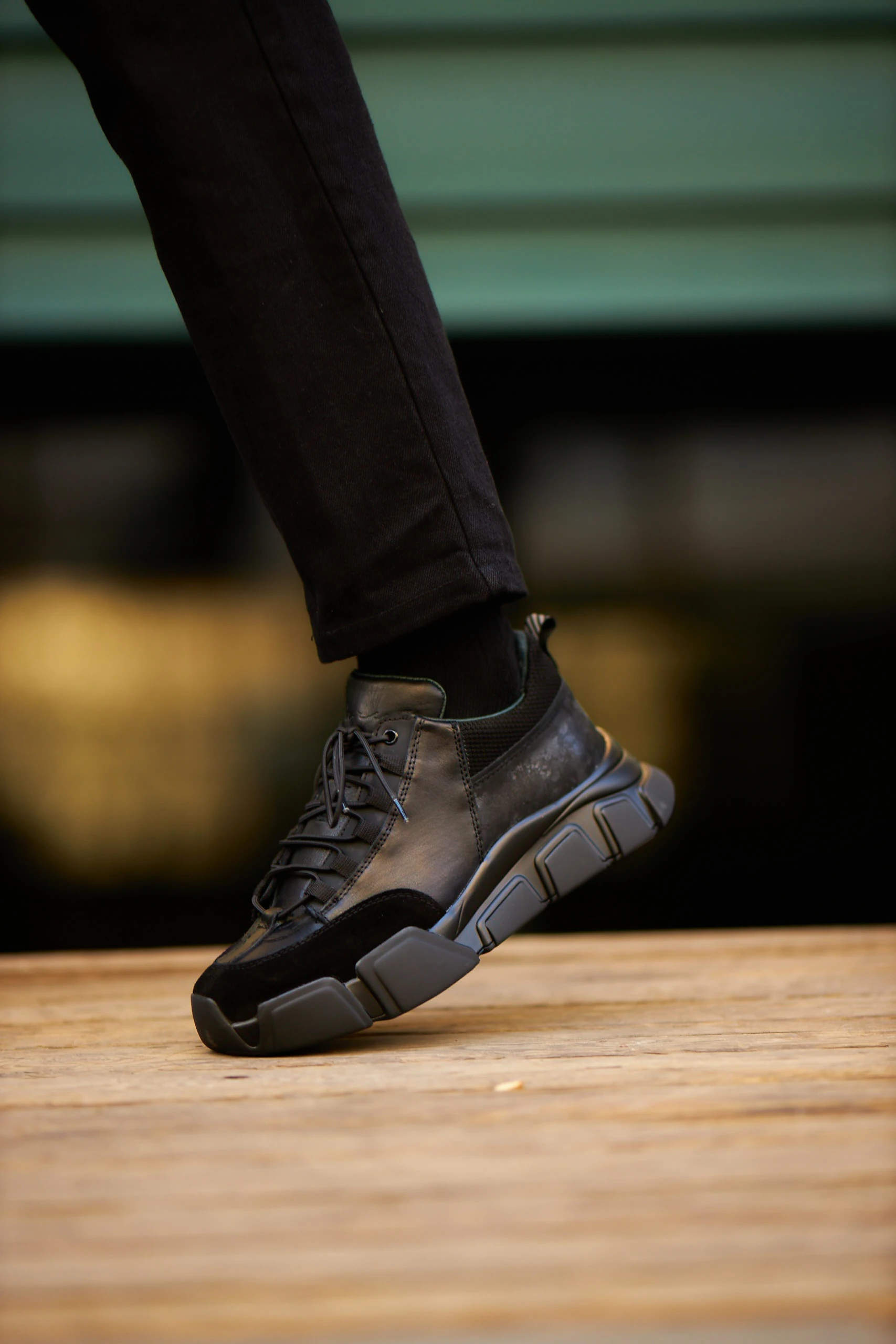 Diamond Model İthal Taban Hakiki Kombinasyonlu Deri Sneaker Ayakkabı - SİYAH TABAN