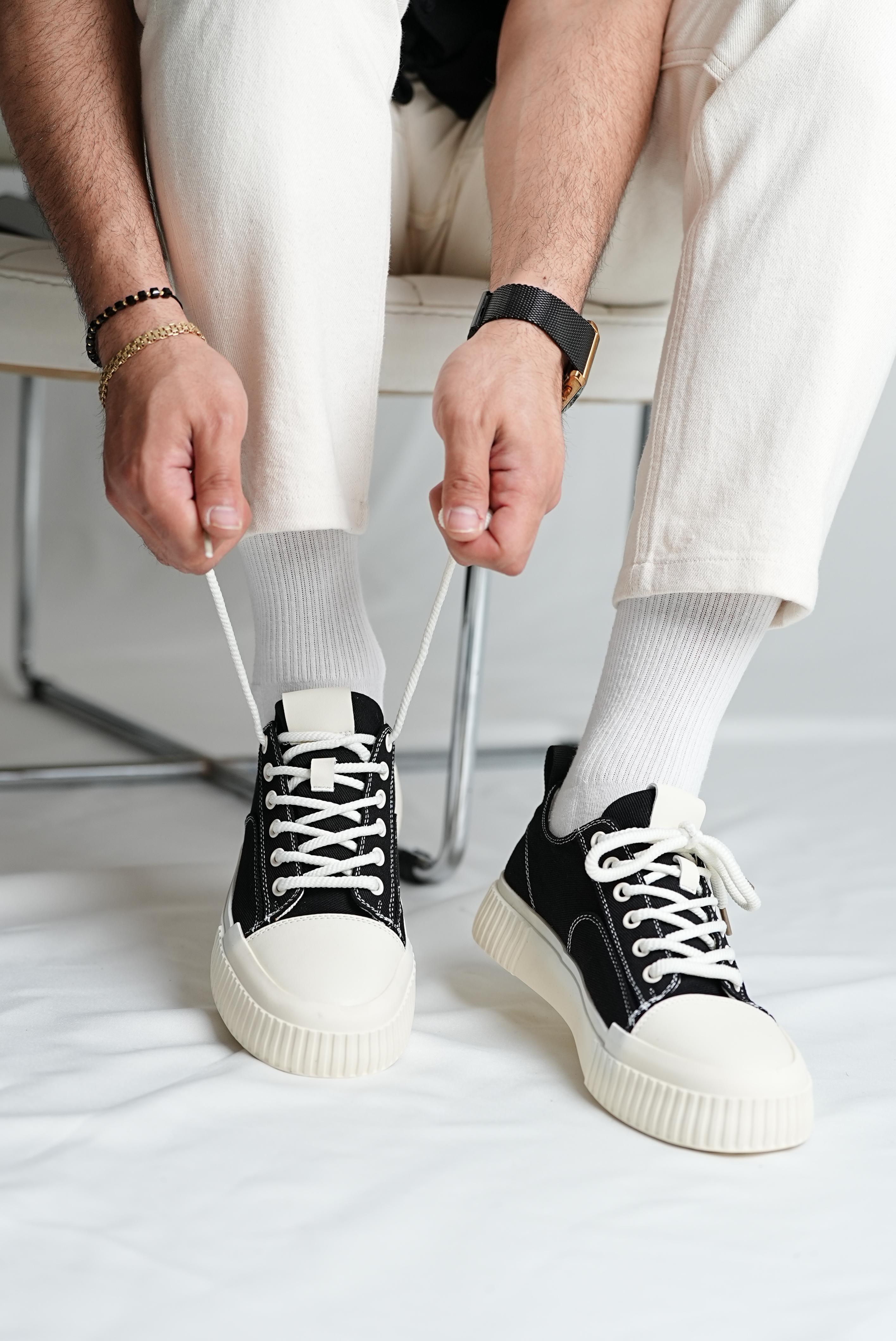 Mince Model Kombinasyonlu Deri İthal Taban Sneaker Ayakkabı - SİYAH