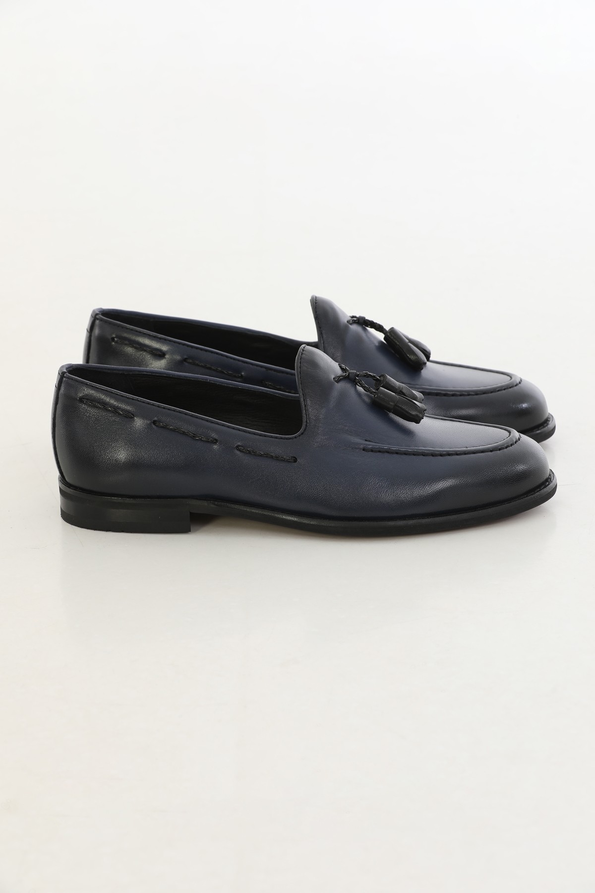 DOUBLE BUCKLE GENUINE LEATHER LOAFERS - Navy Blue