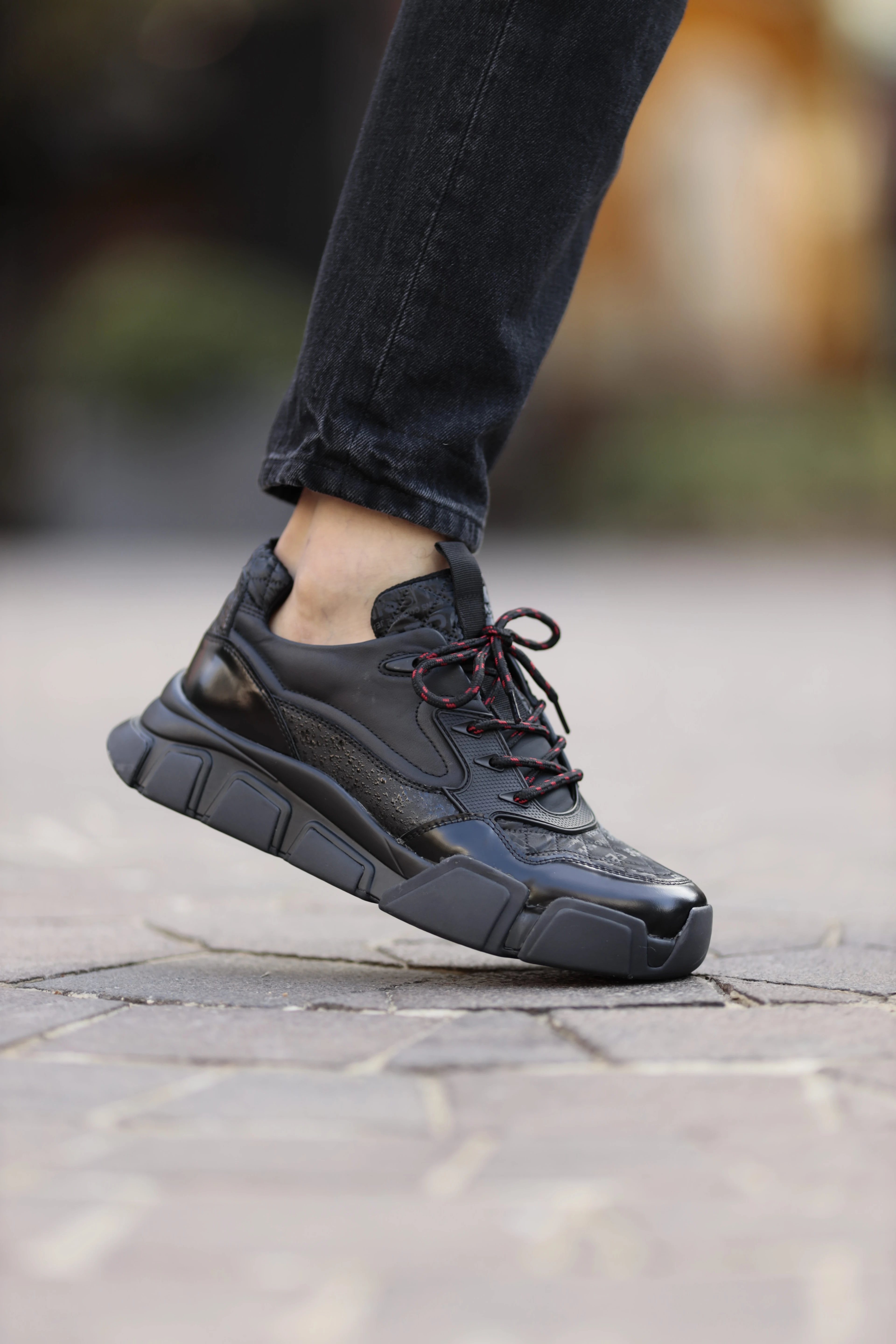 Diamond Model İthal Taban Hakiki Kombinasyonlu Deri Sneaker Ayakkabı - SİYAH 2