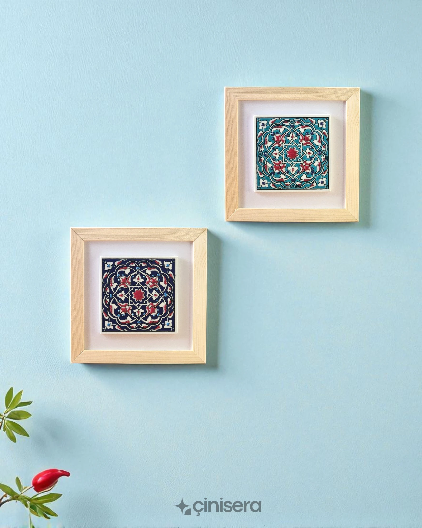 Nefes Serisi Turkuaz - Kabartmalı Çini Tablo 2'li - 18x18 cm