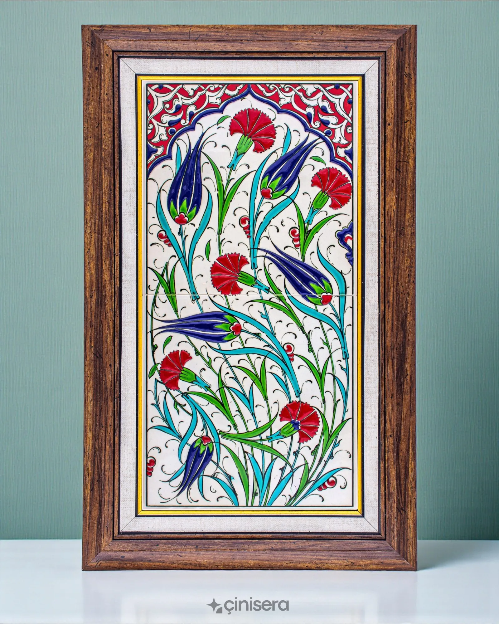 Lale ve Karanfil Kabartmalı Çini Tablo 30x60 cm