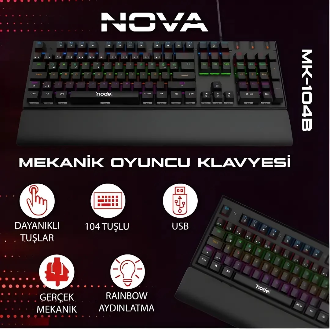 Node Game Nova ND-MK-104BB Mekanik Rainbow Işıklı Klavye Siyah (Blue Switch)