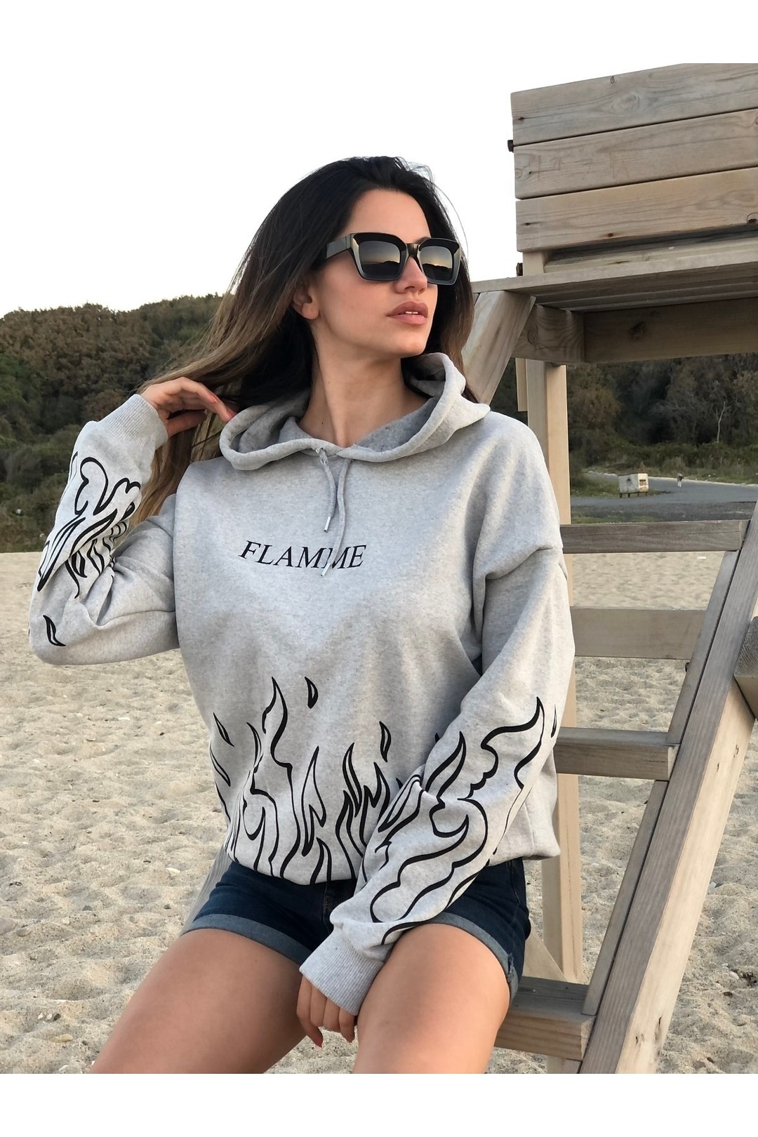 Un sex Ici Pamuklu Flamme Bask l Sweatshirt