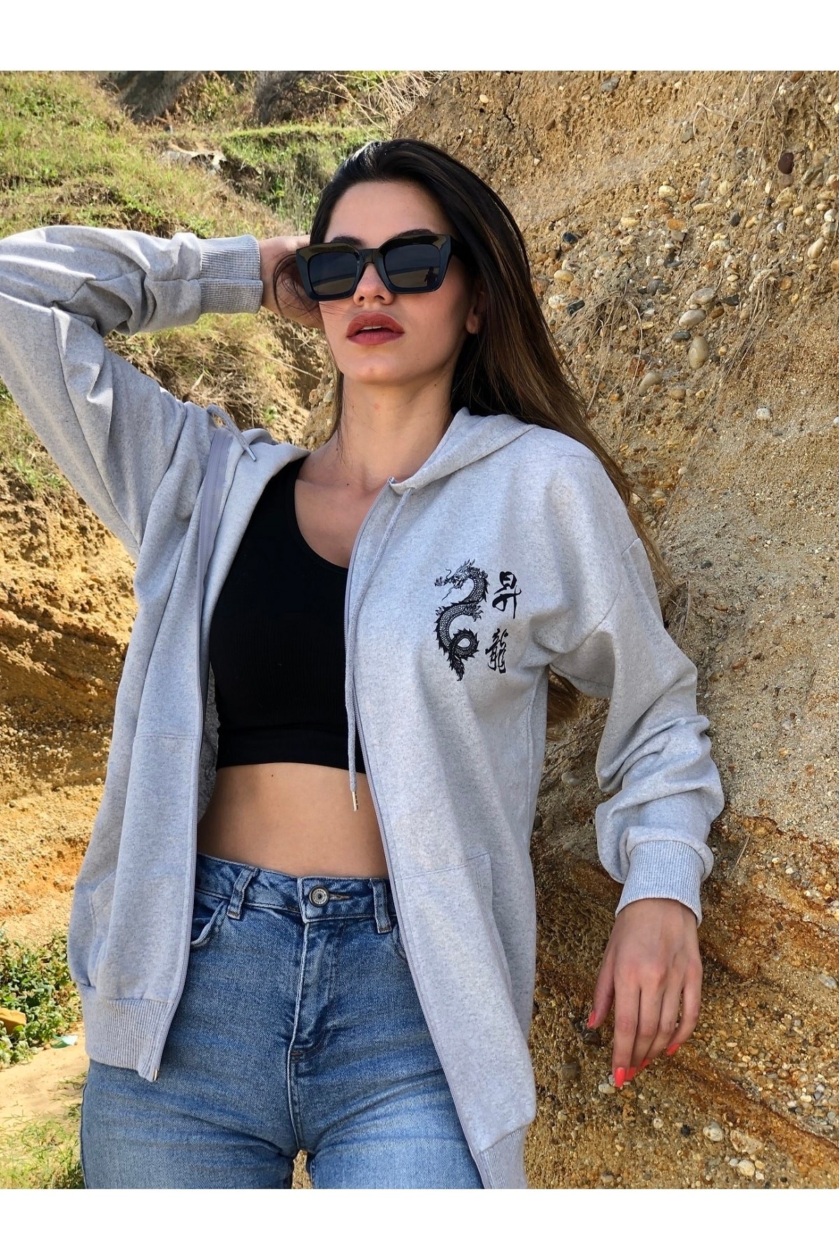 Unısex Good Vıbes Ejderha Baskılı Fermuarlı Sweatshirt