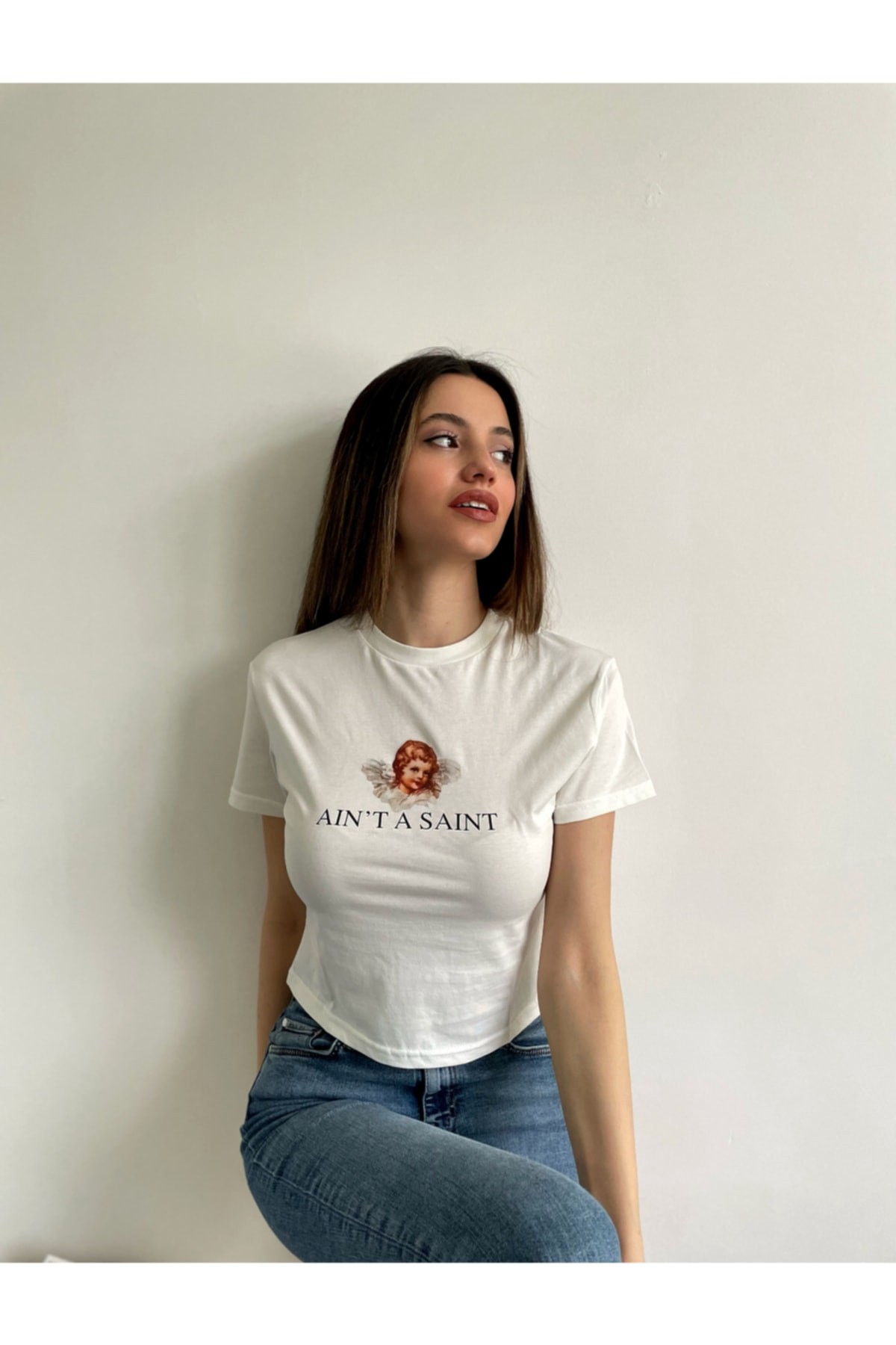 Kadın Melek Baskılı Crop T-shirt Beyaz