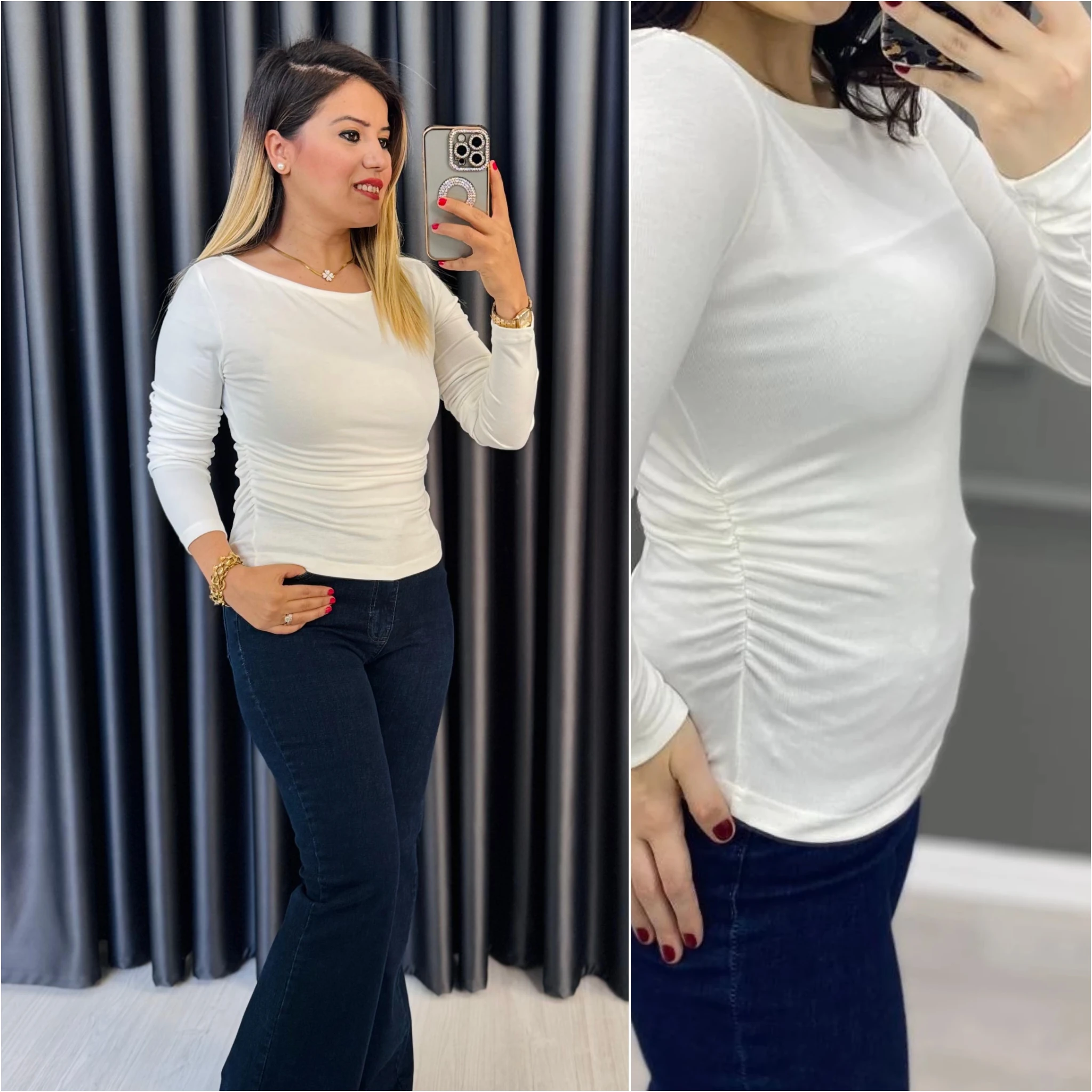 YANLARI DRAPELİ UZUN KOLLU BLUZ