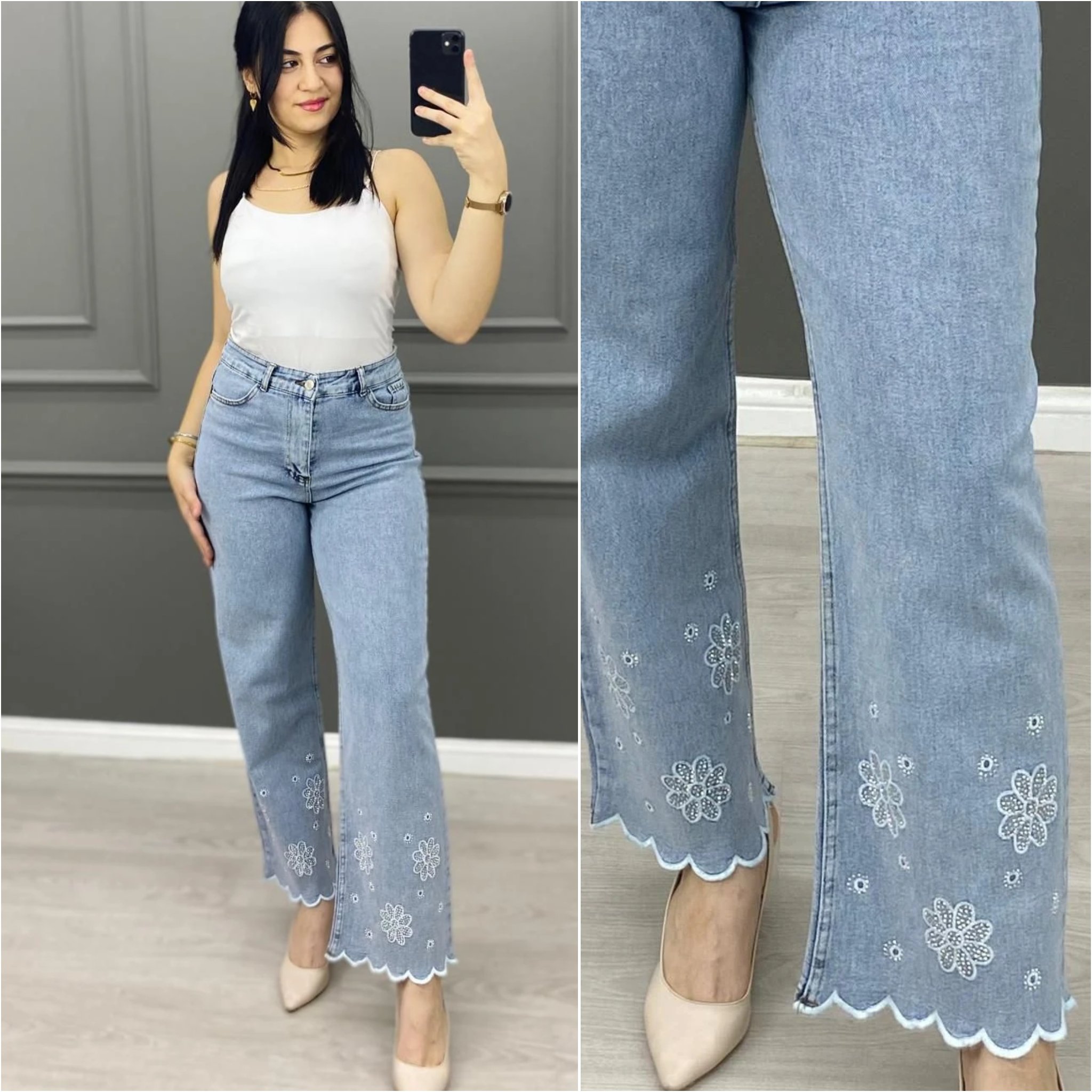 Paçası Çiçek Detaylı Jean Pantalon
