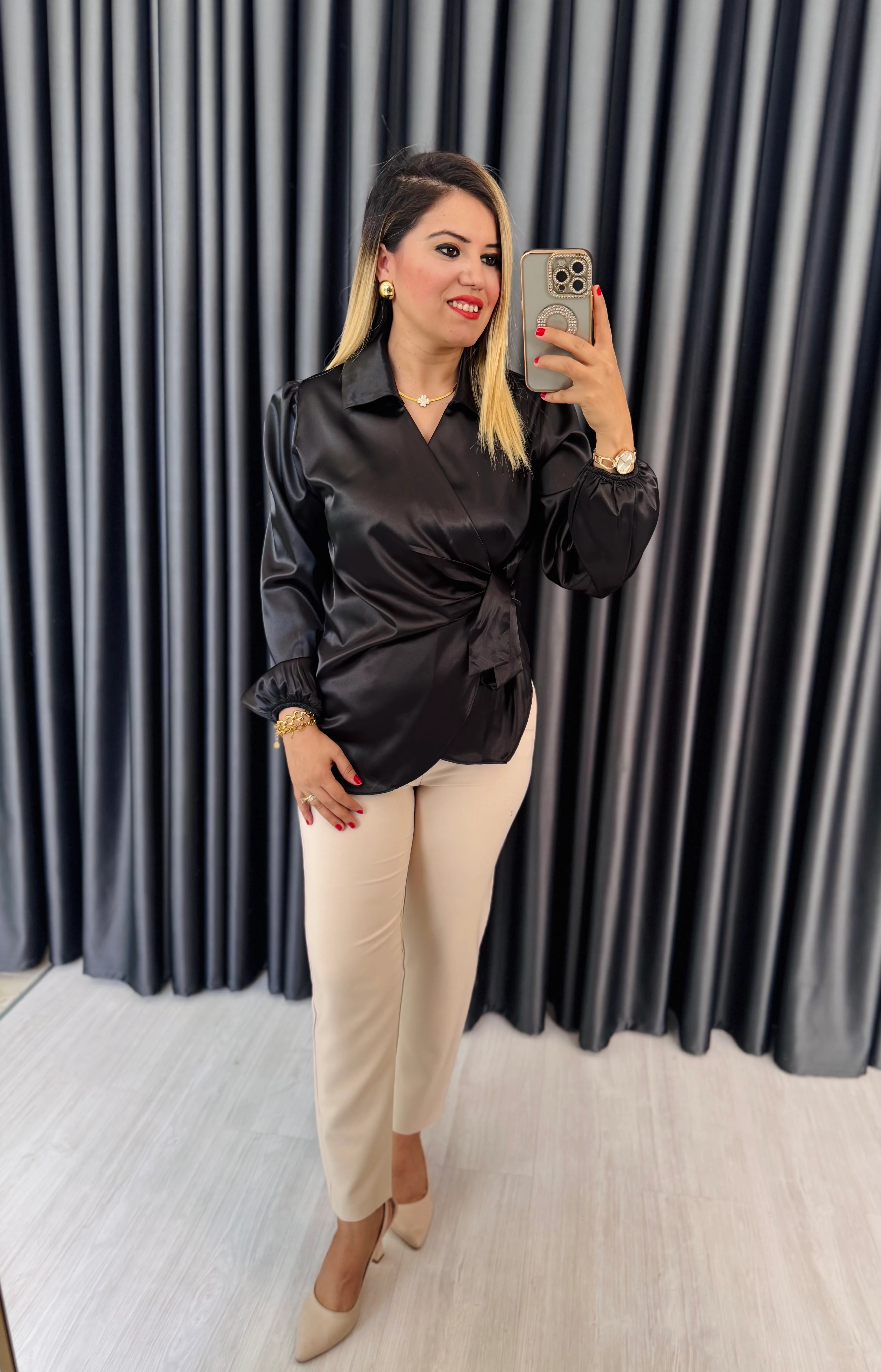 YANI BAĞLAMALI SATEN BLUZ