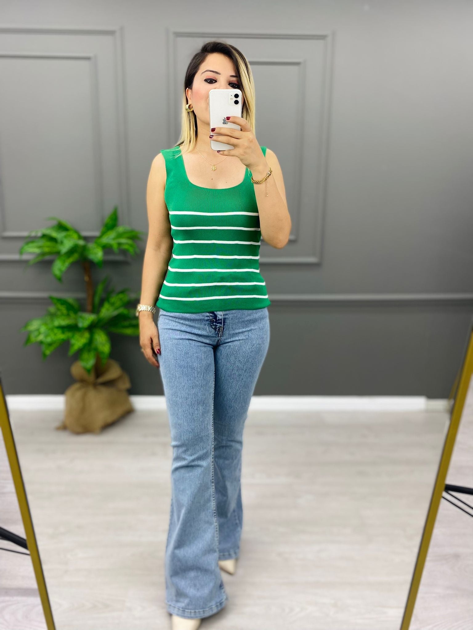 ÇİZGİLİ KARE YAKA CROP