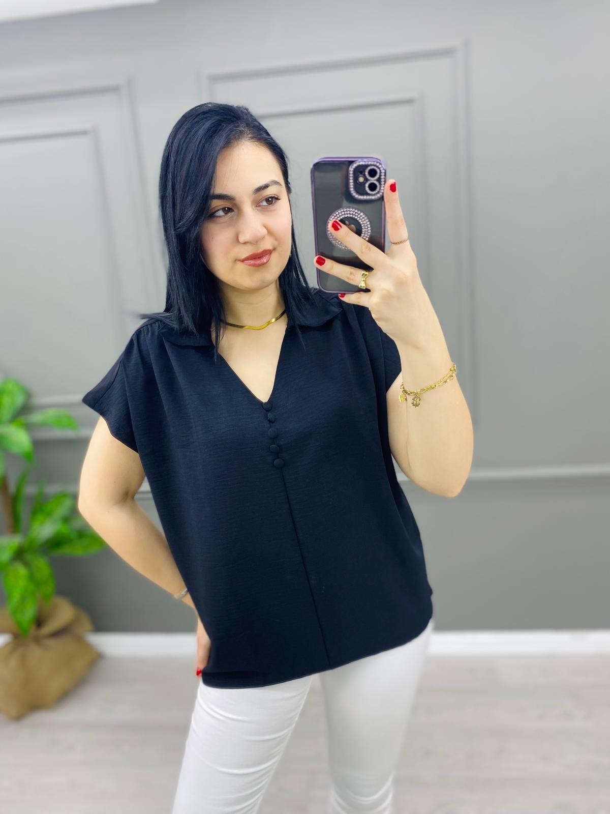 Düğmeli Ayrobin Bluz