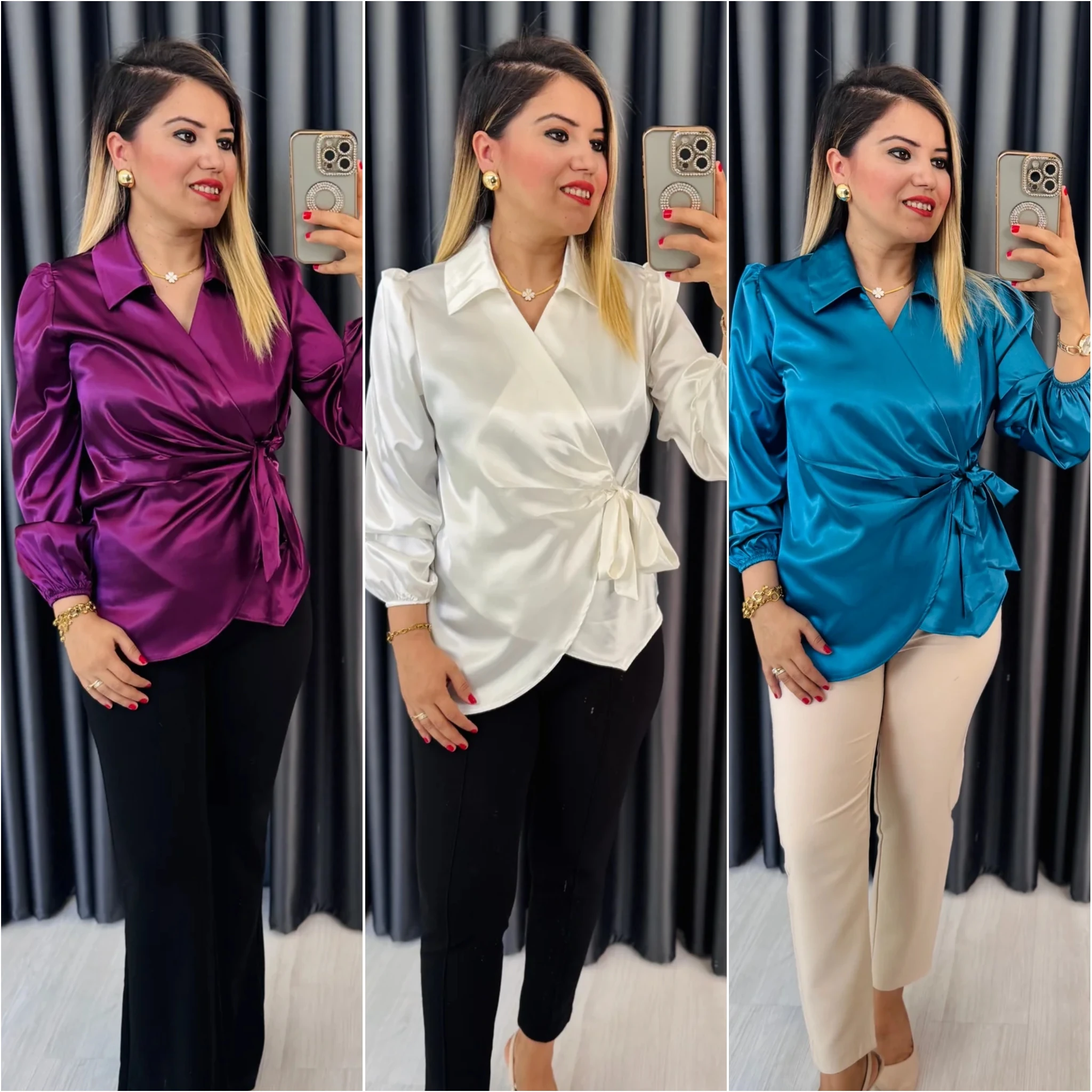 YANI BAĞLAMALI SATEN BLUZ