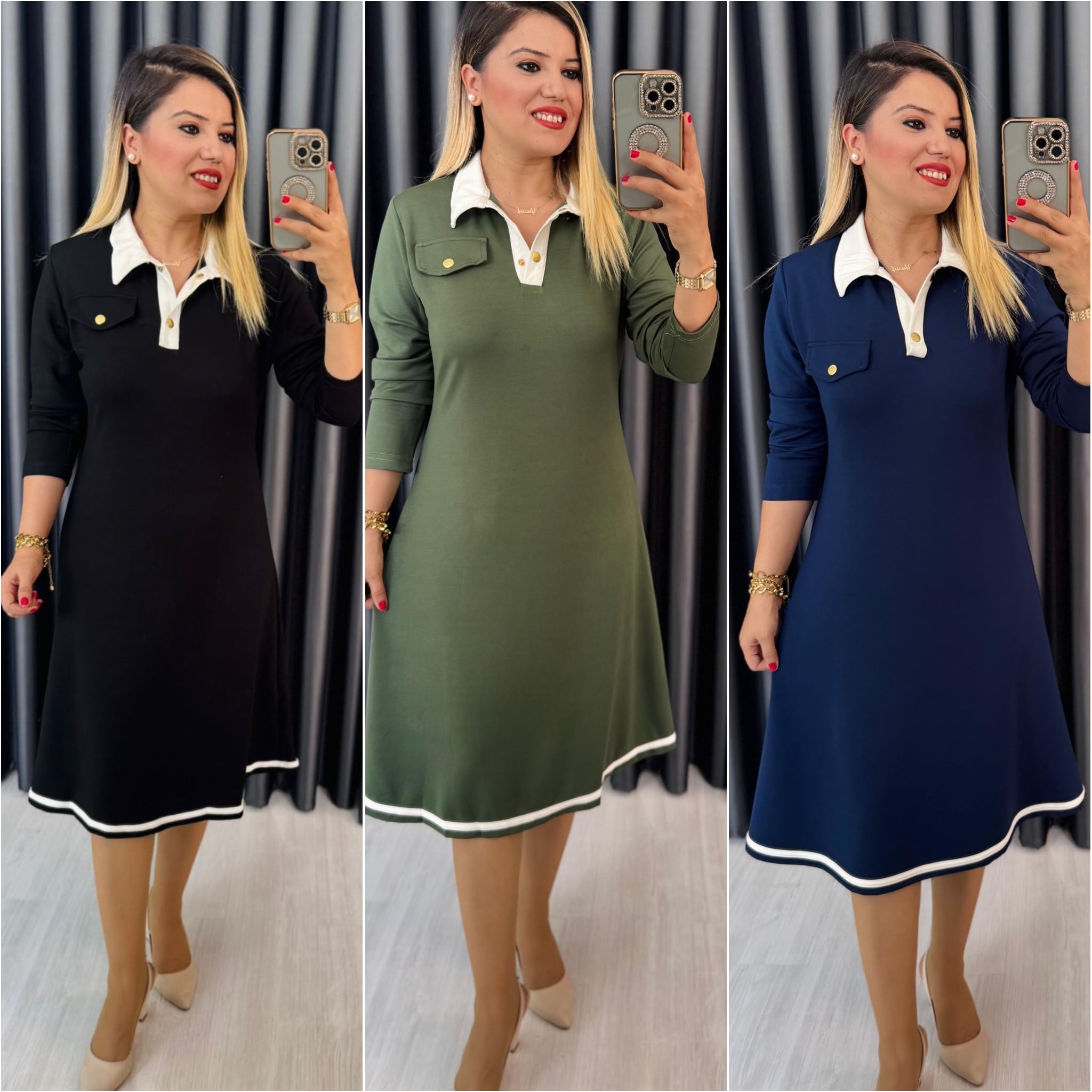 GOLD DÜĞME DETAYLI POLO YAKA ELBİSE