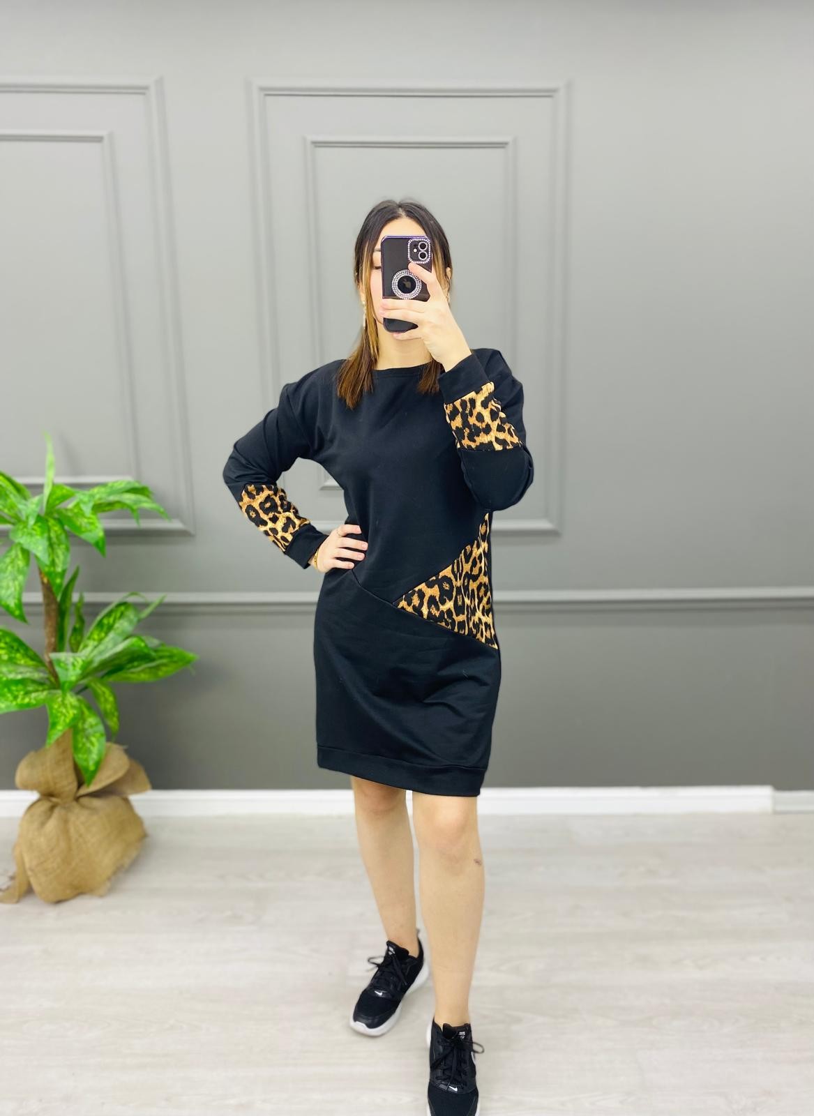 Janes Leopar Detaylı Şık Elbise