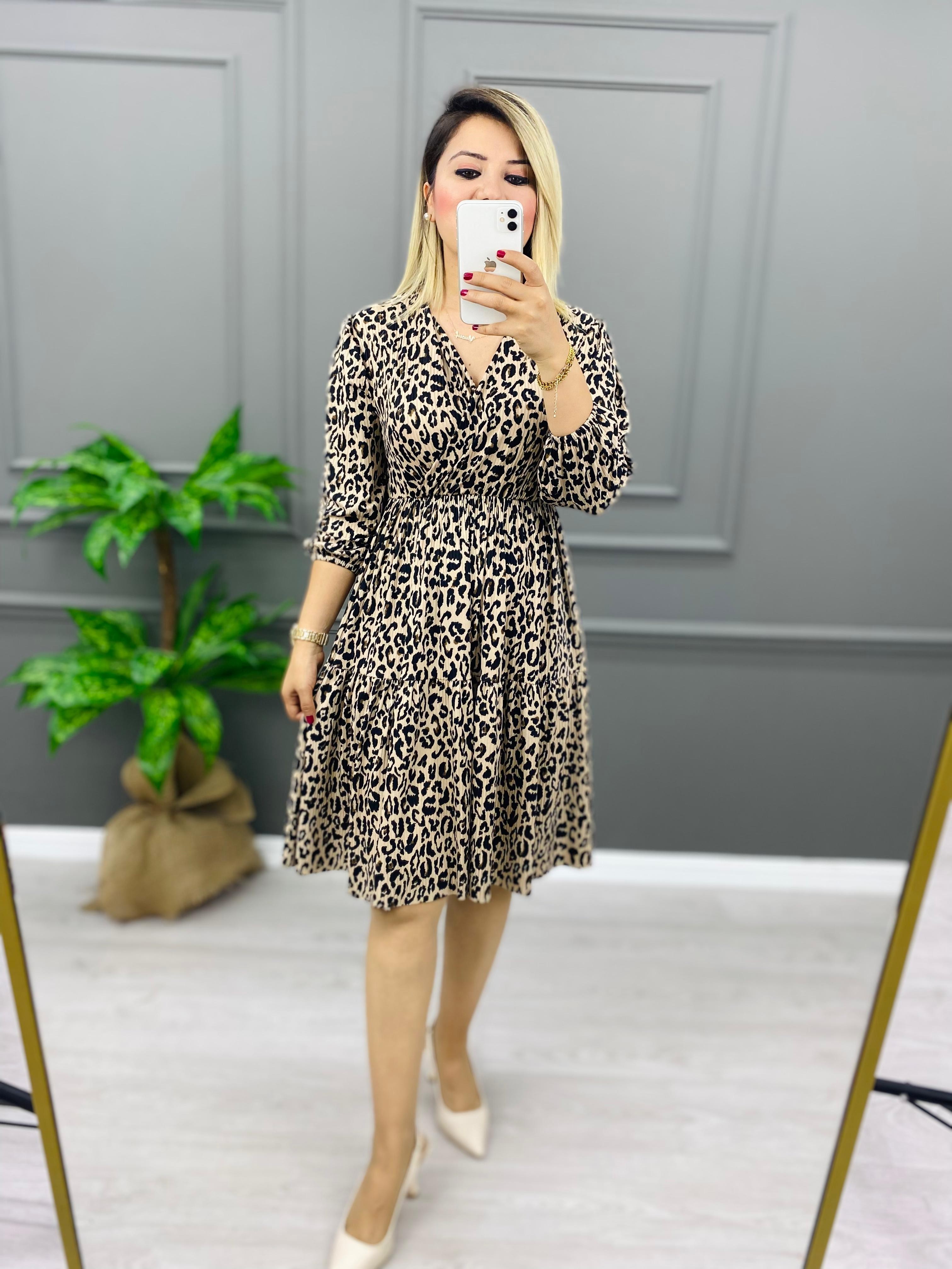 KRUVAZE BELİ LASTİKLİ Leopar desenli ELBİSE