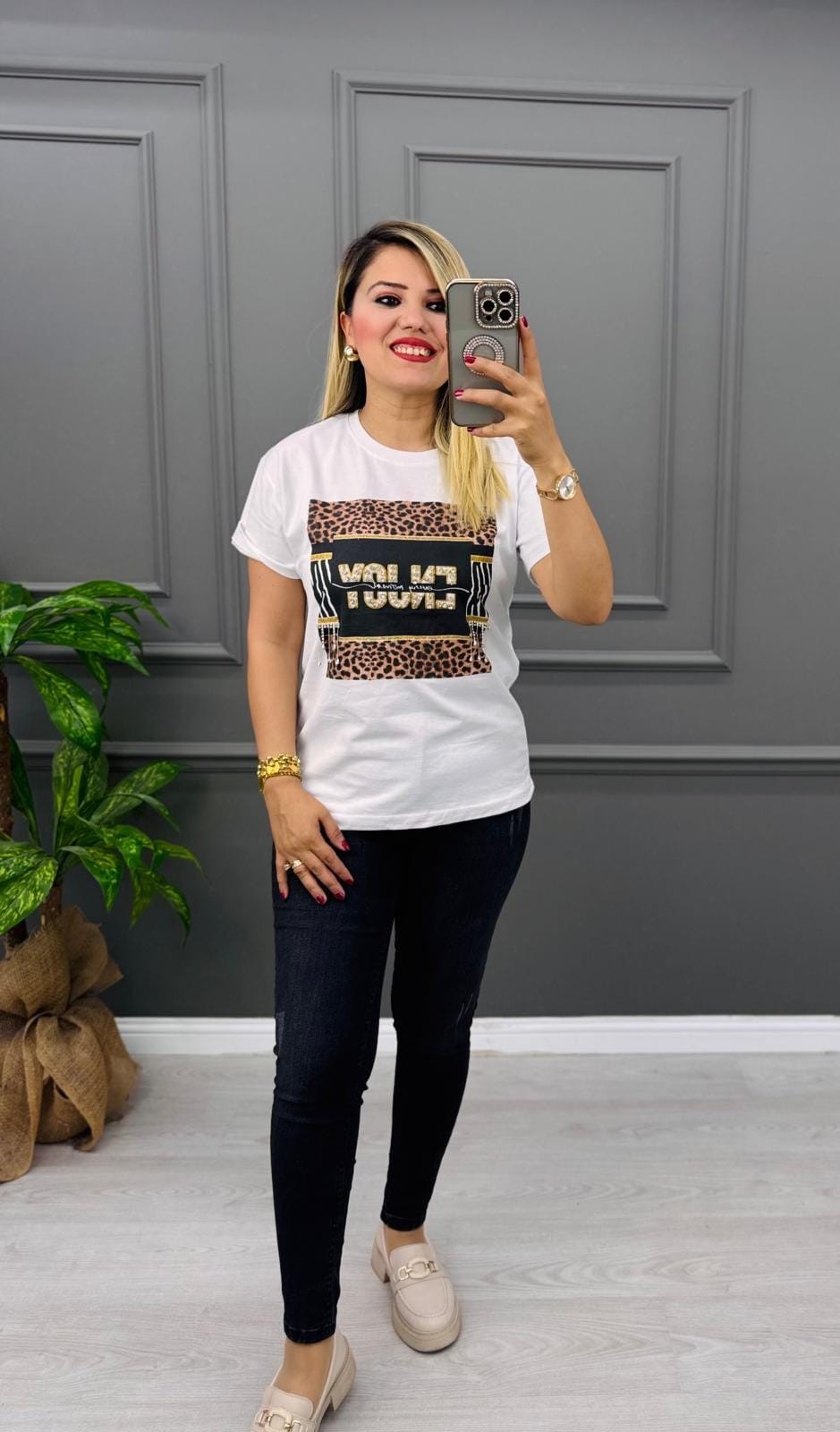 2 Al 1 Öde Enjoy Leopar Taş İşleme Tişört
