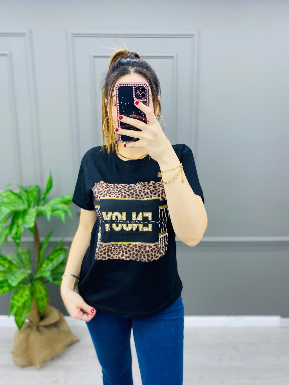 2 Al 1 Öde Enjoy Leopar Taş İşleme Tişört