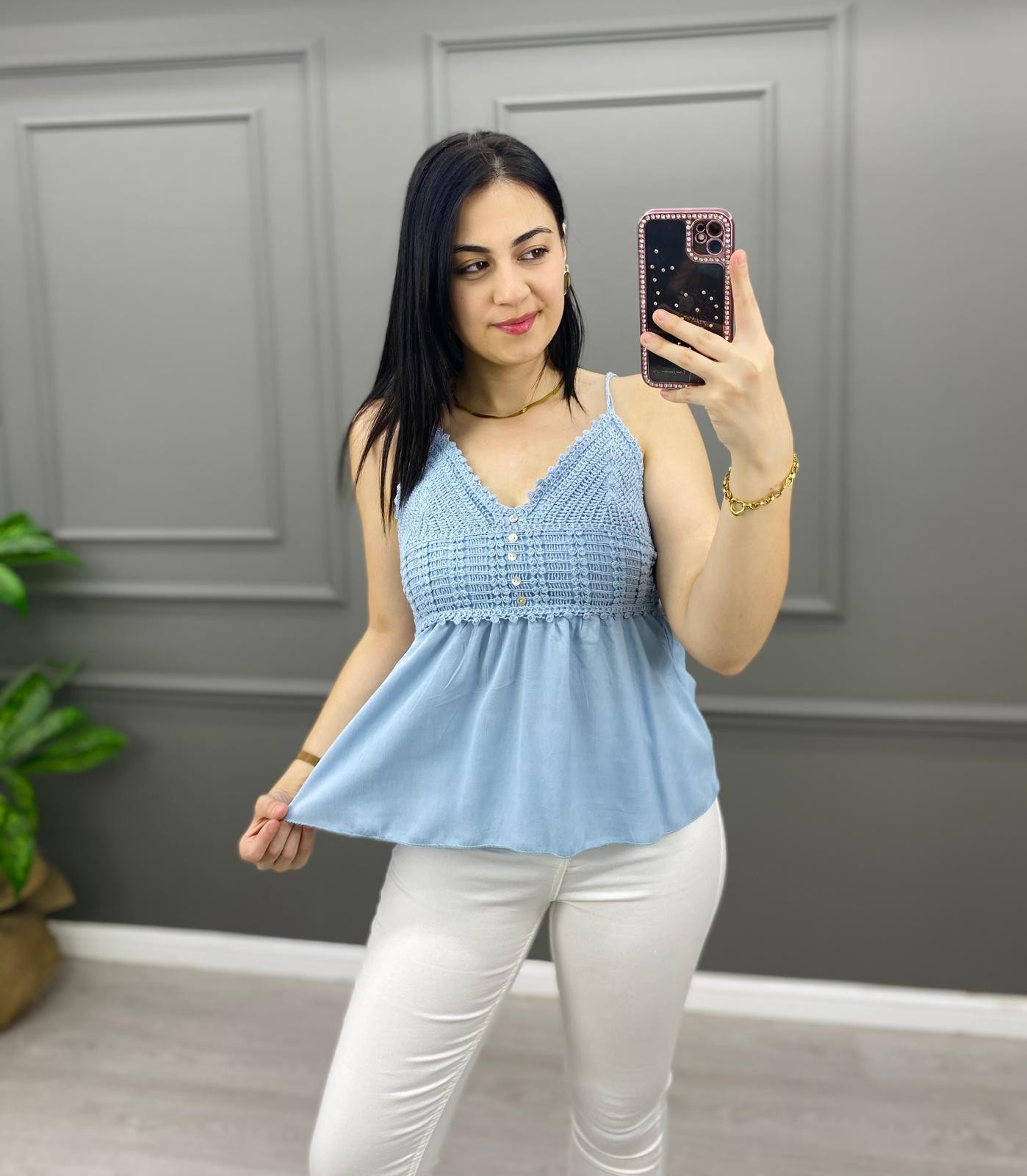 Askılı Dantelli Crop 