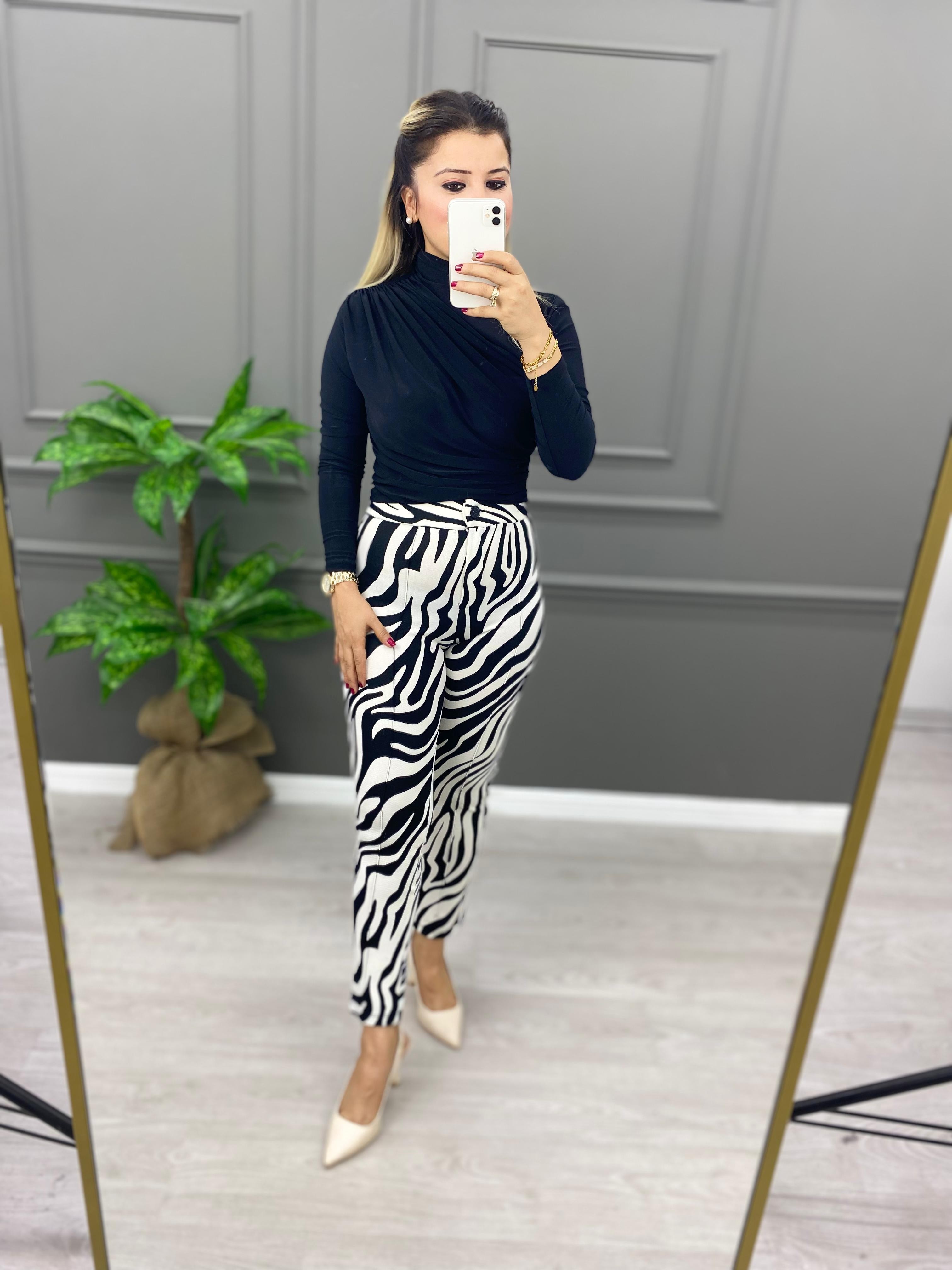 Zebra Desen Dar Paça Çımalı Pantolon-nz