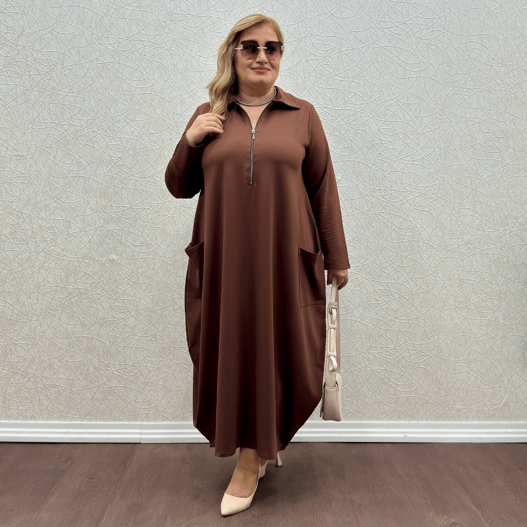 Fermuarlı Elbise - Kahverengi