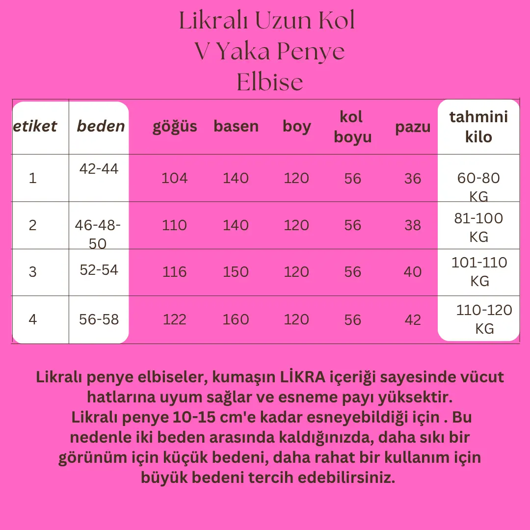 Likralı V Yaka Uzun Kollu Penye Elbise beden tablosu