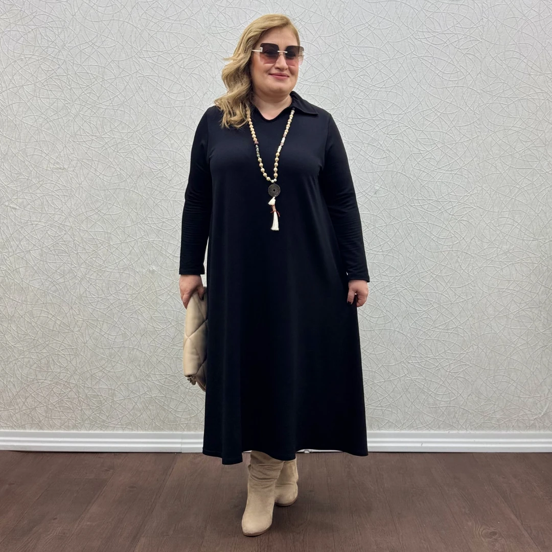 Yakalı Elbise - Siyah