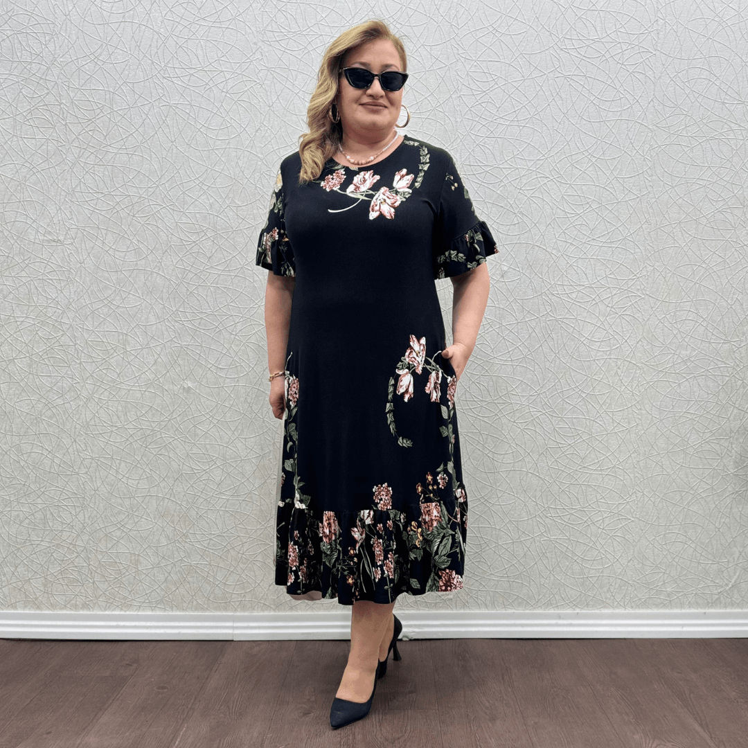 Moda Elbise - Siyah Gül  Desen
