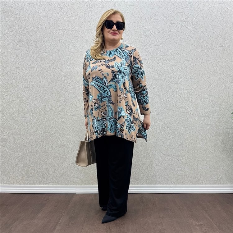 Salaş Tunik Takım - Turkuaz Çiçek Desen