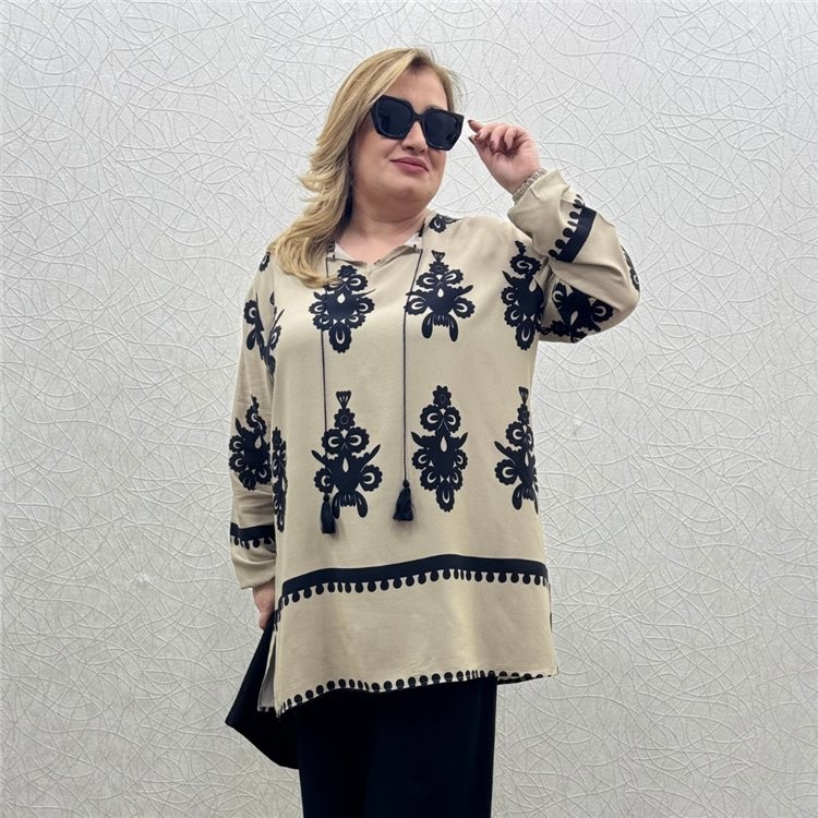 İpli Uzun Tunik - bej desenli