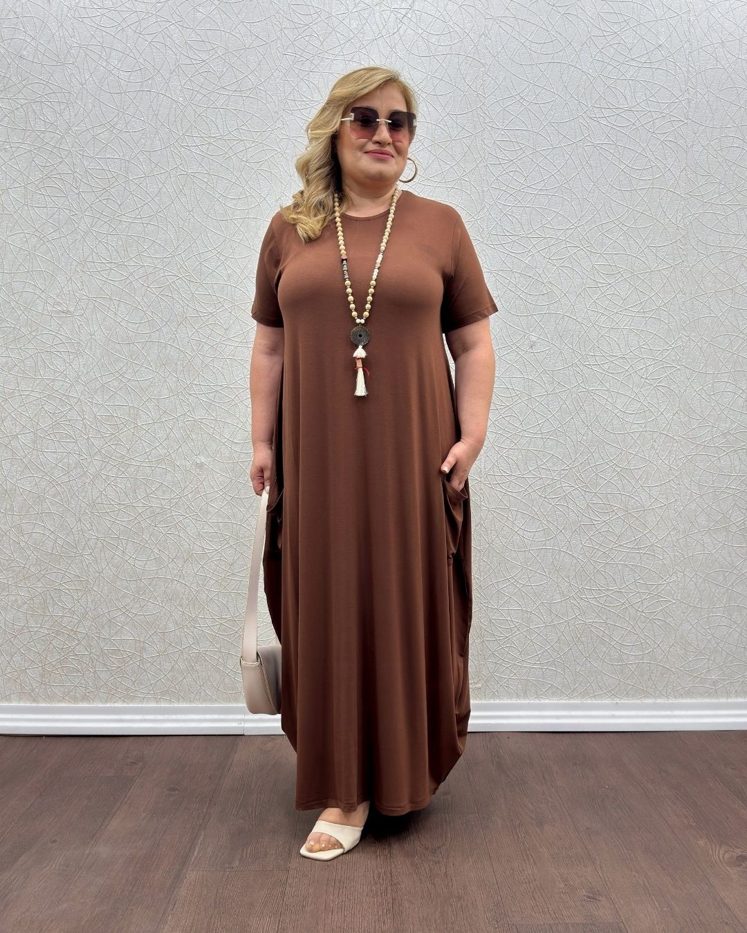 Kısa Kol Şalvar Elbise - Kahve