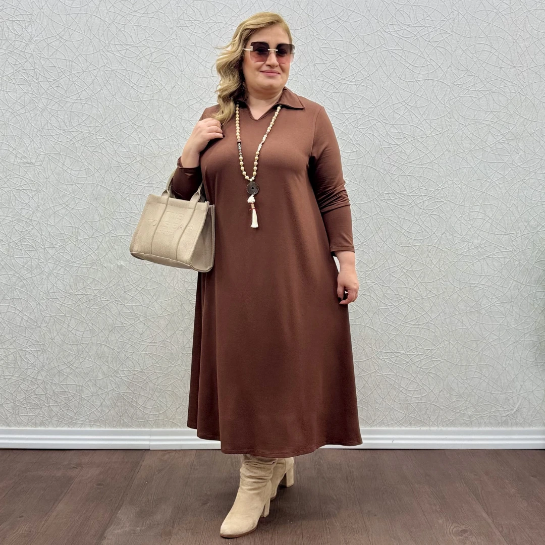 Yakalı Elbise - Kahverengi