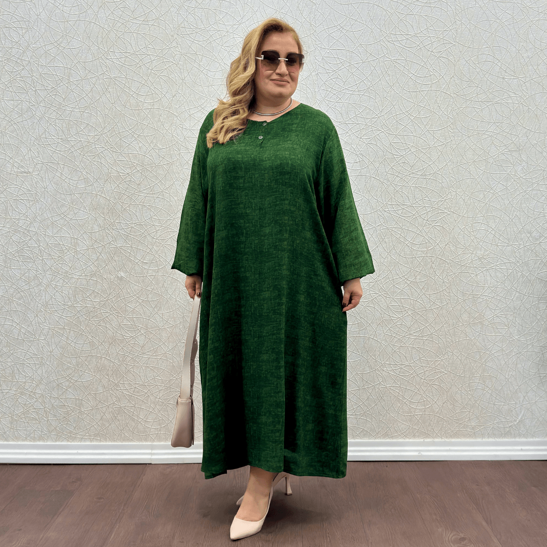 Patlı Uzun Kol Büyük Beden Elbise - Yeşil