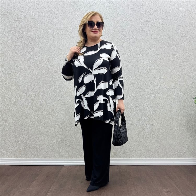 Salaş Tunik Takım - Beyaz Yaprak Desen