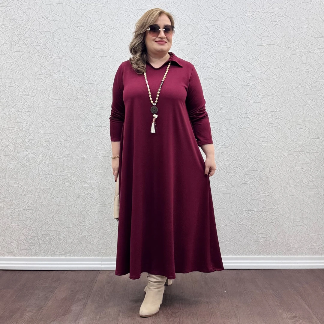 Yakalı Elbise - Bordo