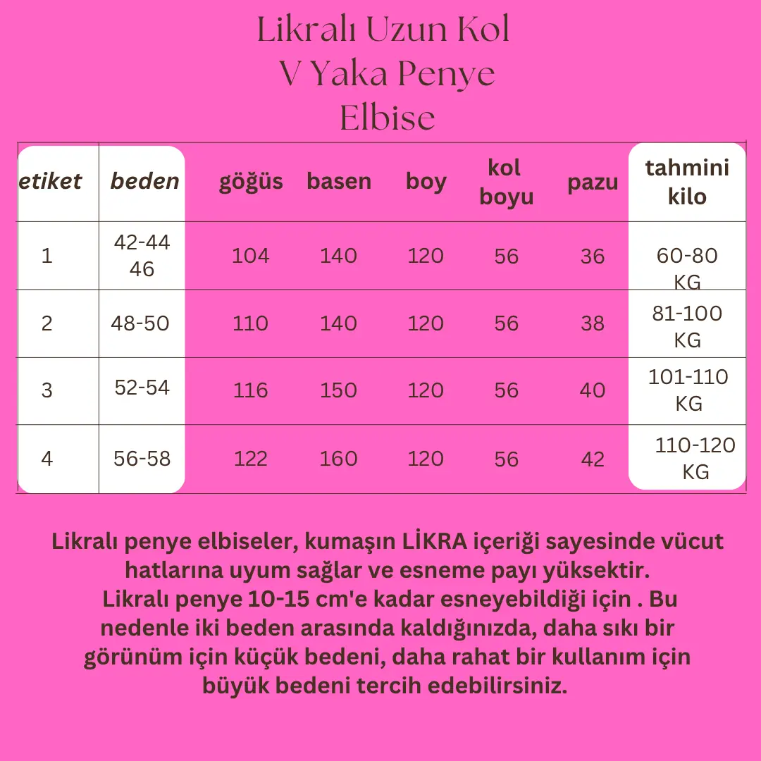 Likralı V Yaka Uzun Kollu Penye Elbise beden tablosu
