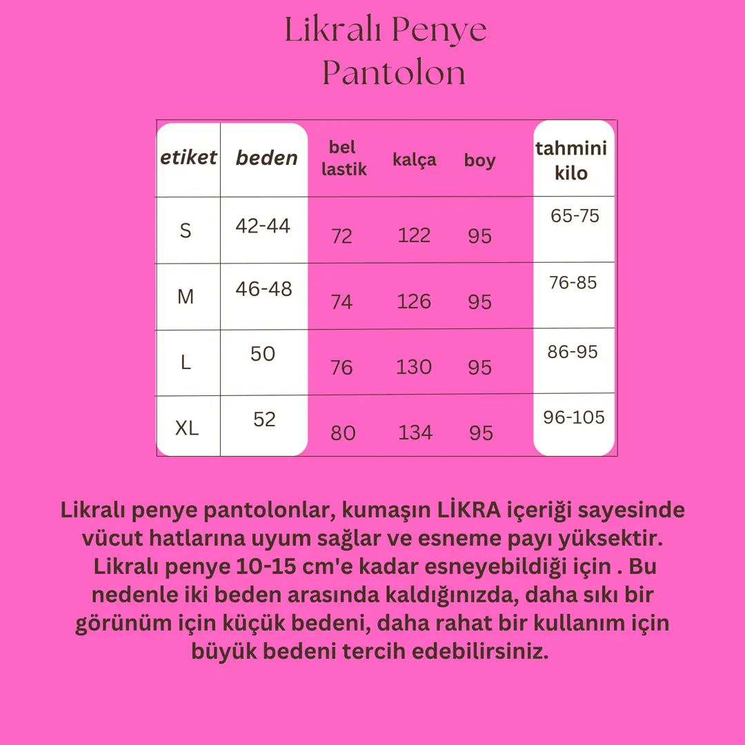Büyük Beden Likralı Dar Paça Penye Pantolon beden tablosu