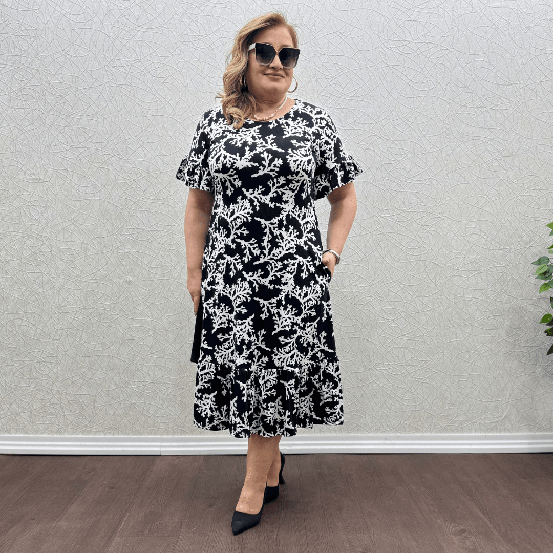 Moda Elbise - Siyah Kar Desen