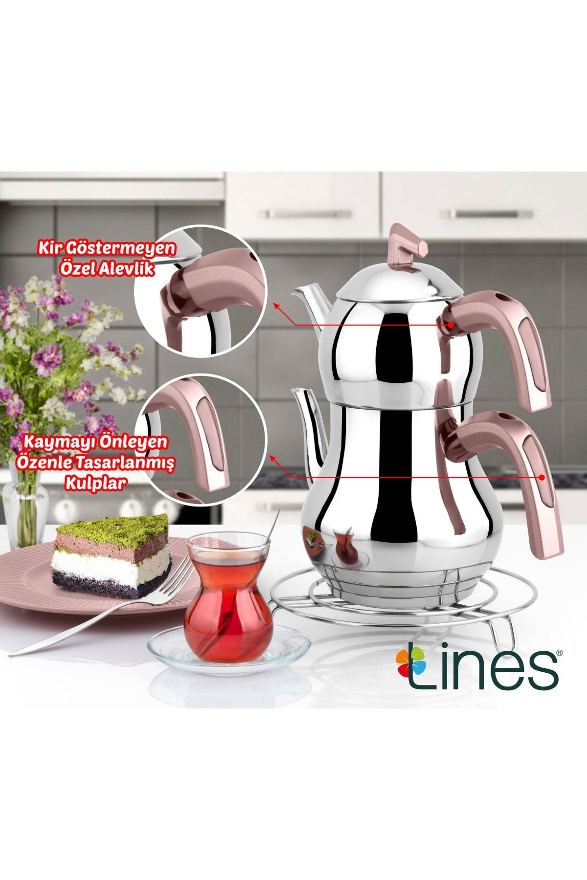 Şahmeran Paslanmaz Çelik Çaydanlık Soft Kulp Aile Boy - Rosegold