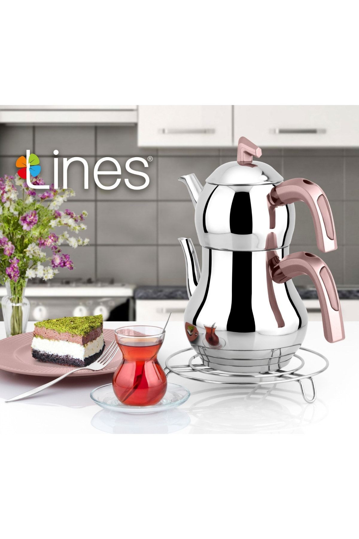 Şahmeran Paslanmaz Çelik Çaydanlık Soft Kulp Aile Boy - Rosegold